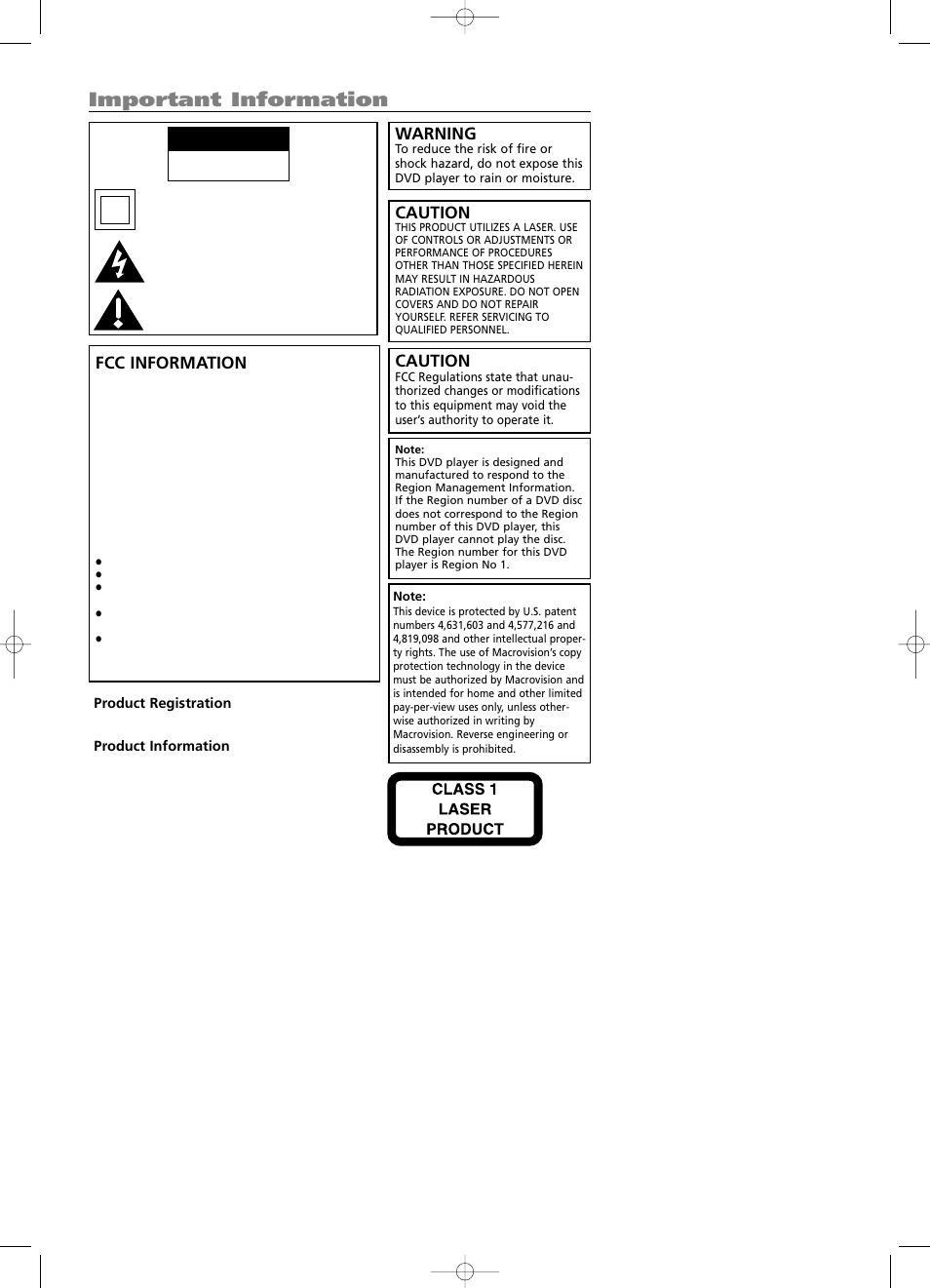 Important information, Caution, Warning | Fcc information | RCA DRC600N User Manual | Page 2 / 30