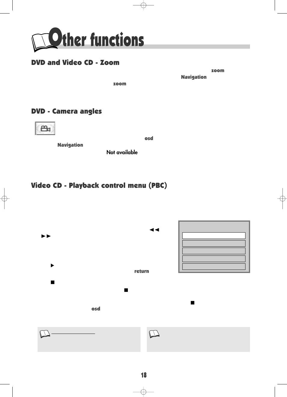 Ther functions, Video cd - playback control menu (pbc), Dvd - camera angles | Dvd and video cd - zoom | RCA DRC600N User Manual | Page 20 / 30