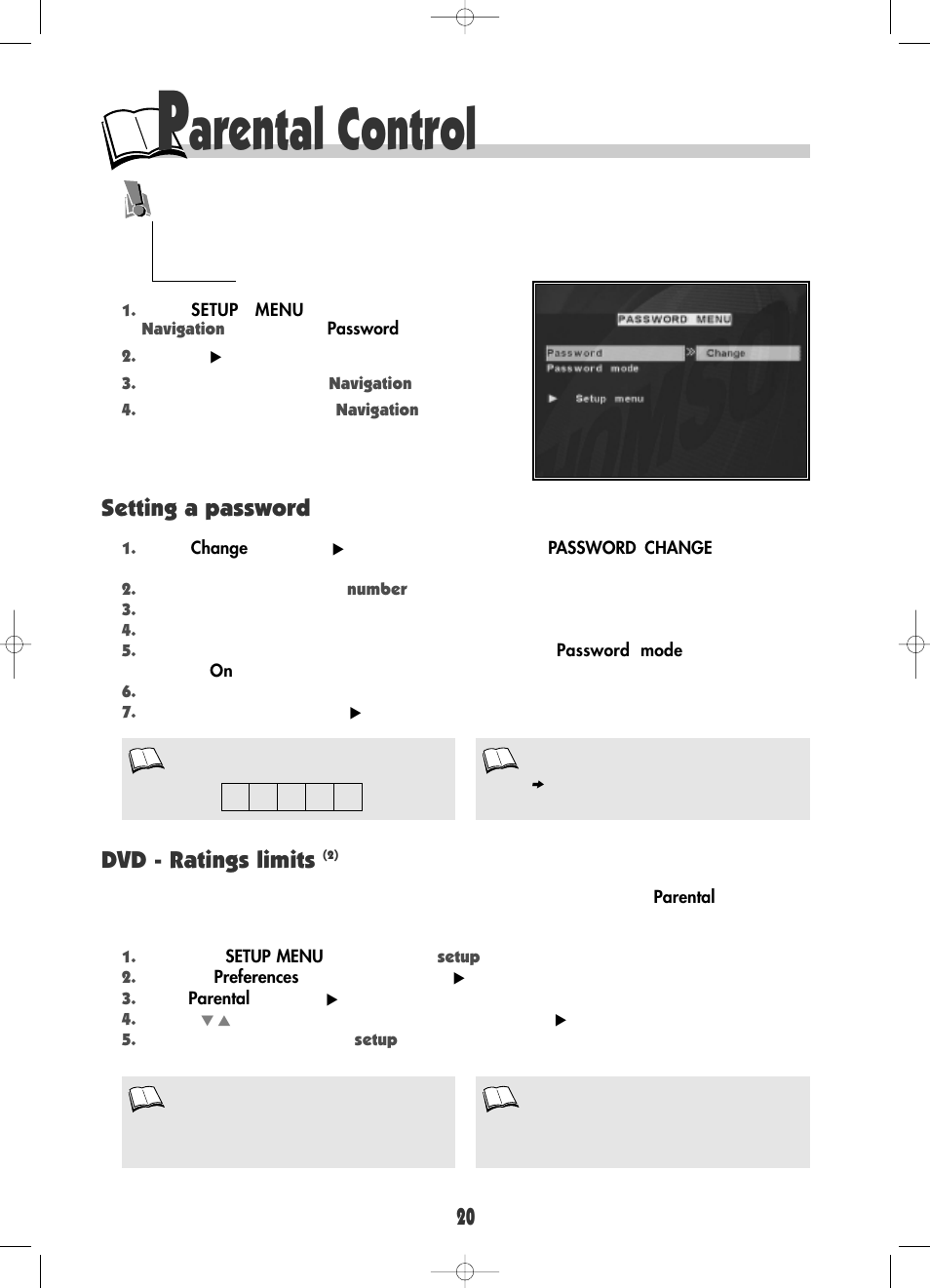 Arental control, Setting a password dvd - ratings limits | RCA DRC600N User Manual | Page 22 / 30