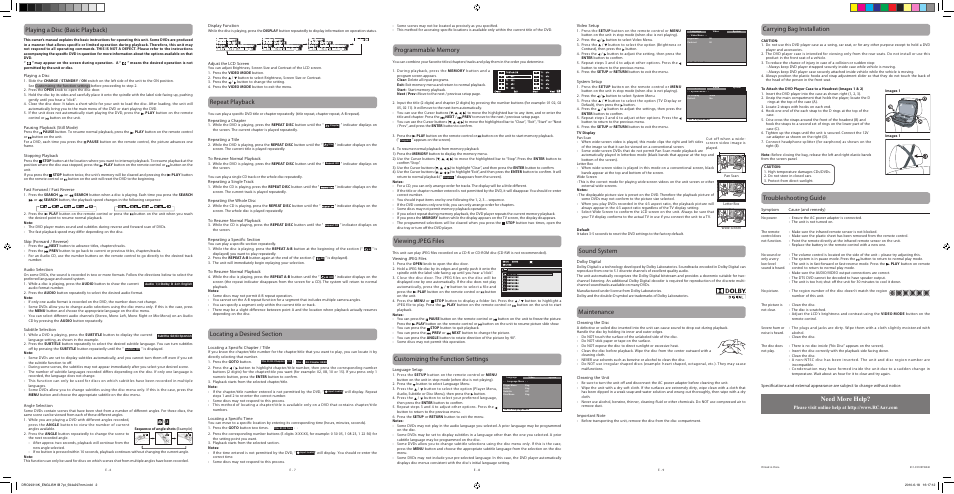 Repeat playback, Customizing the function settings, Troubleshooting guide | Need more help, Viewing jpeg files, Carrying bag installation, Sound system, Maintenance, Playing a disc (basic playback) | RCA DRC99310KR User Manual | Page 2 / 2