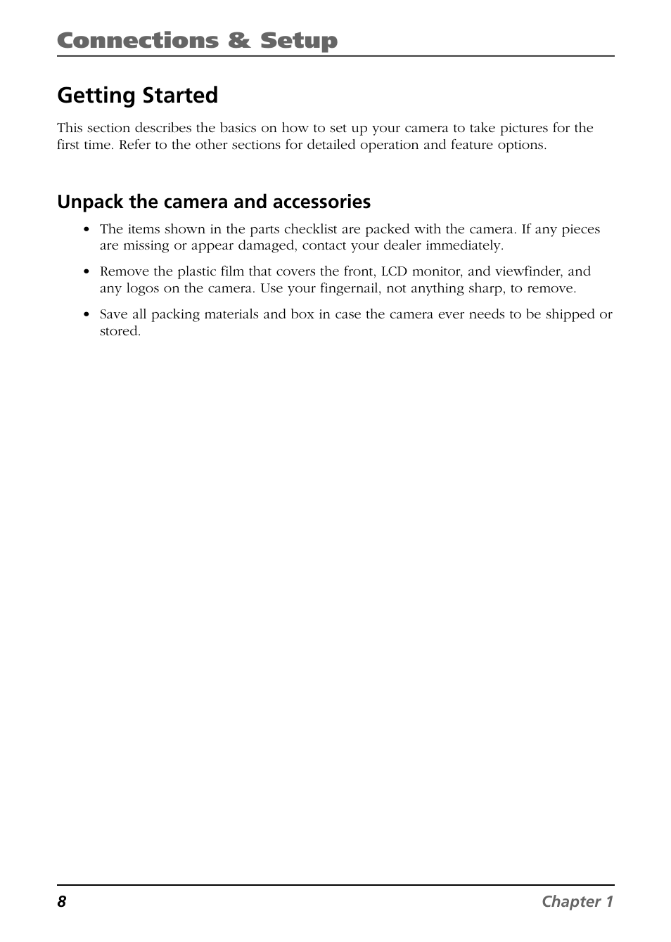 Connections & setup getting started, Unpack the camera and accessories | RCA CDS6300 User Manual | Page 10 / 60