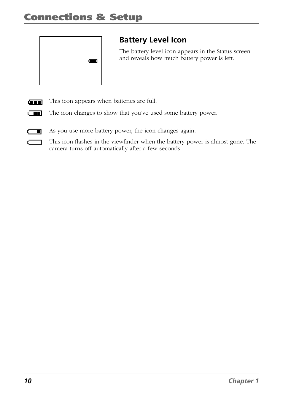 Connections & setup, Battery level icon | RCA CDS6300 User Manual | Page 12 / 60