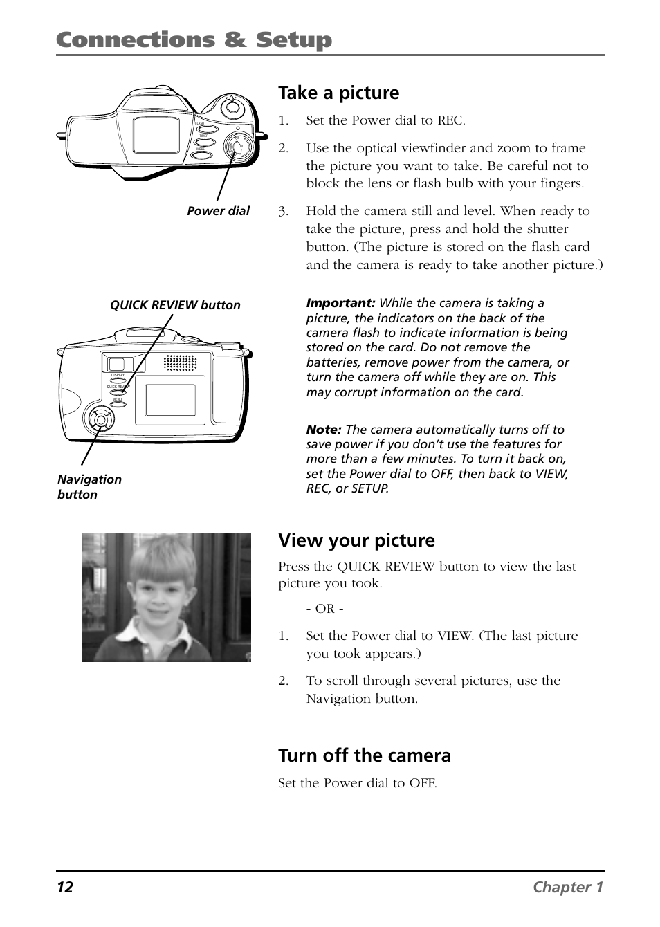 Connections & setup, Take a picture, View your picture | Turn off the camera, 12 chapter 1, Set the power dial to off | RCA CDS6300 User Manual | Page 14 / 60