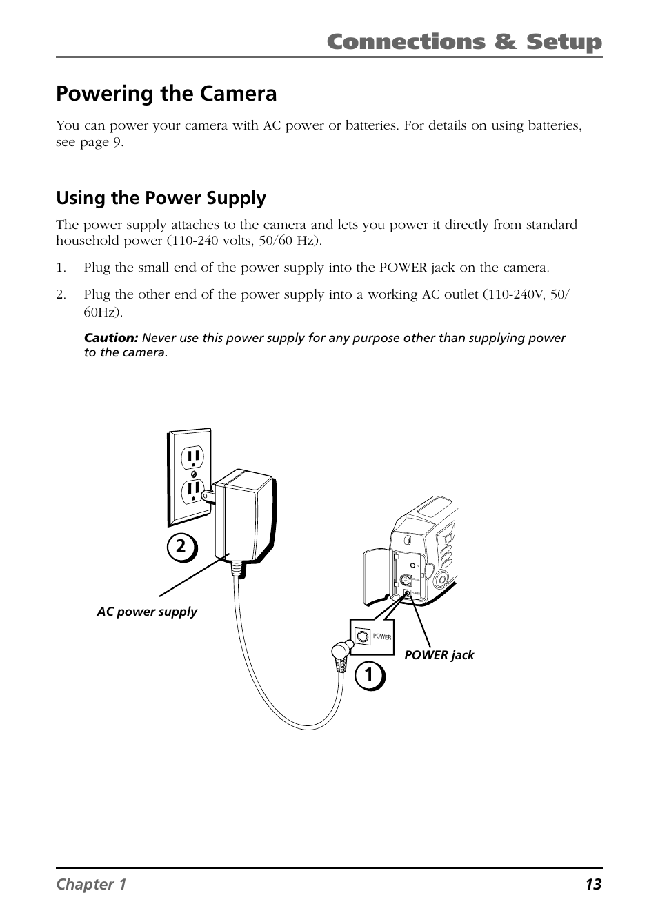 Connections & setup, Powering the camera, Using the power supply | RCA CDS6300 User Manual | Page 15 / 60