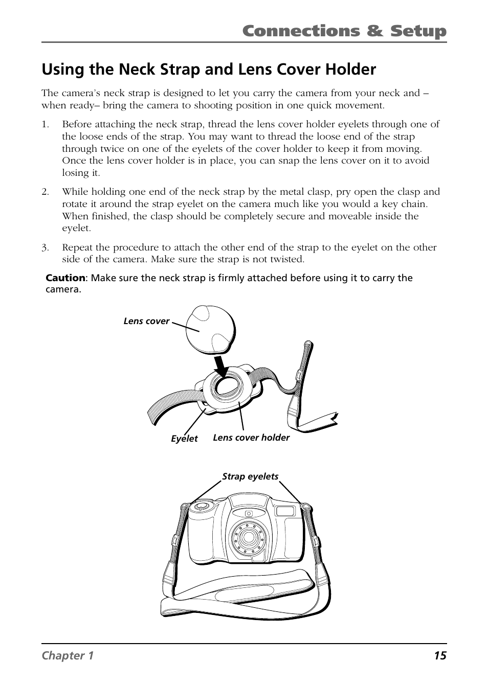 Connections & setup, Using the neck strap and lens cover holder, Chapter 1 15 | Lens cover lens cover holder eyelet, Strap eyelets | RCA CDS6300 User Manual | Page 17 / 60