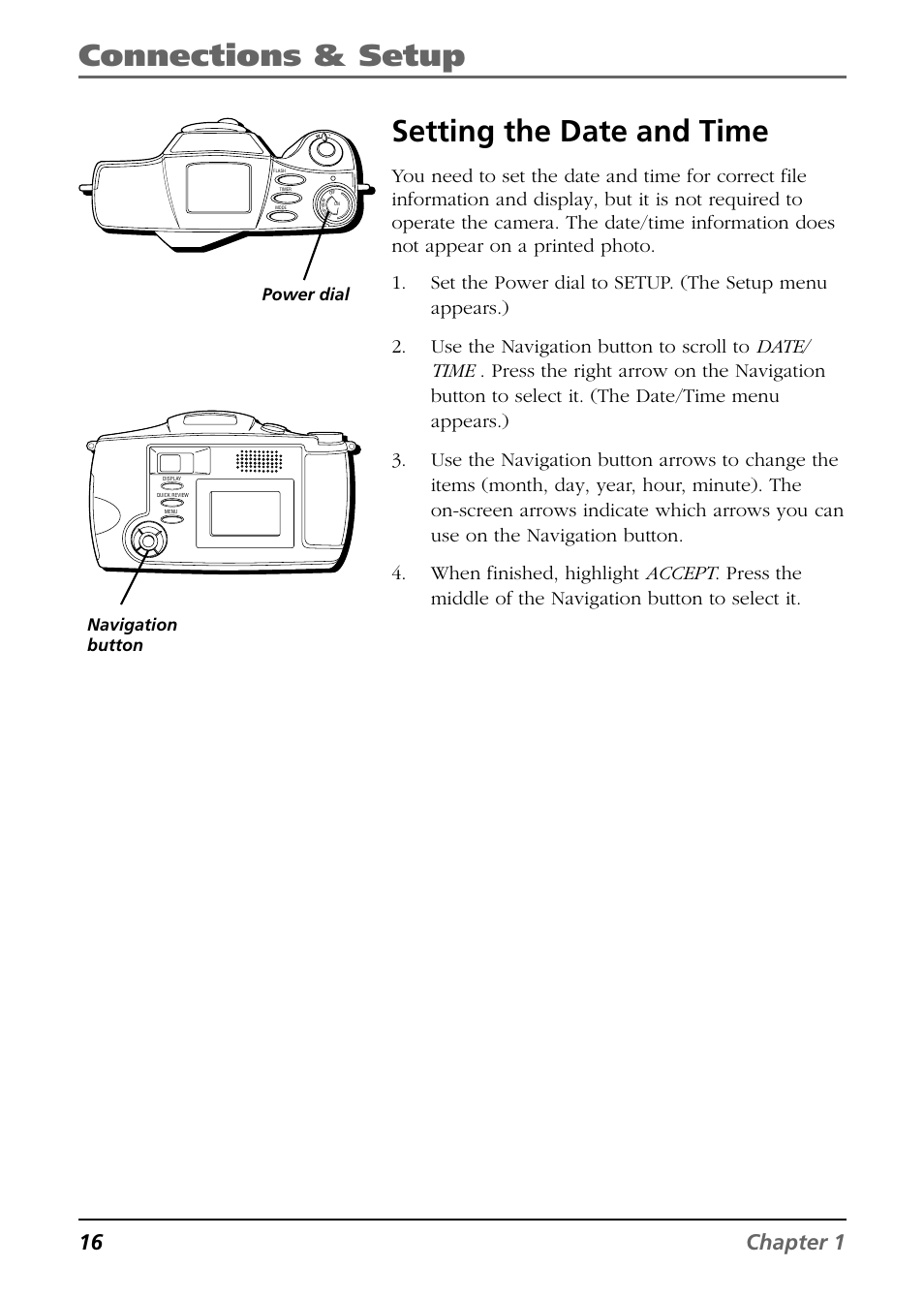 Connections & setup setting the date and time, 16 chapter 1, Power dial | Navigation button | RCA CDS6300 User Manual | Page 18 / 60