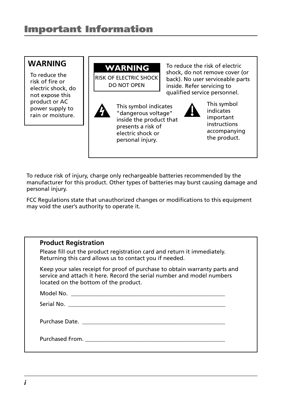 Important information, Warning | RCA CDS6300 User Manual | Page 2 / 60