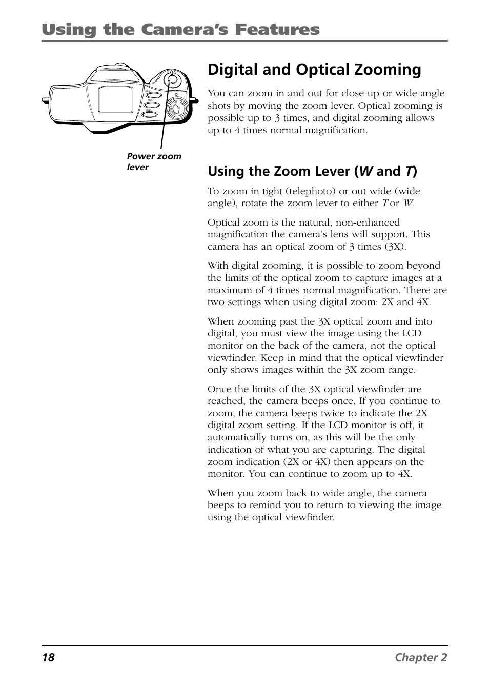 Using the camera’s features, Digital and optical zooming, Using the zoom lever ( w and t ) | 18 chapter 2, Power zoom lever | RCA CDS6300 User Manual | Page 20 / 60