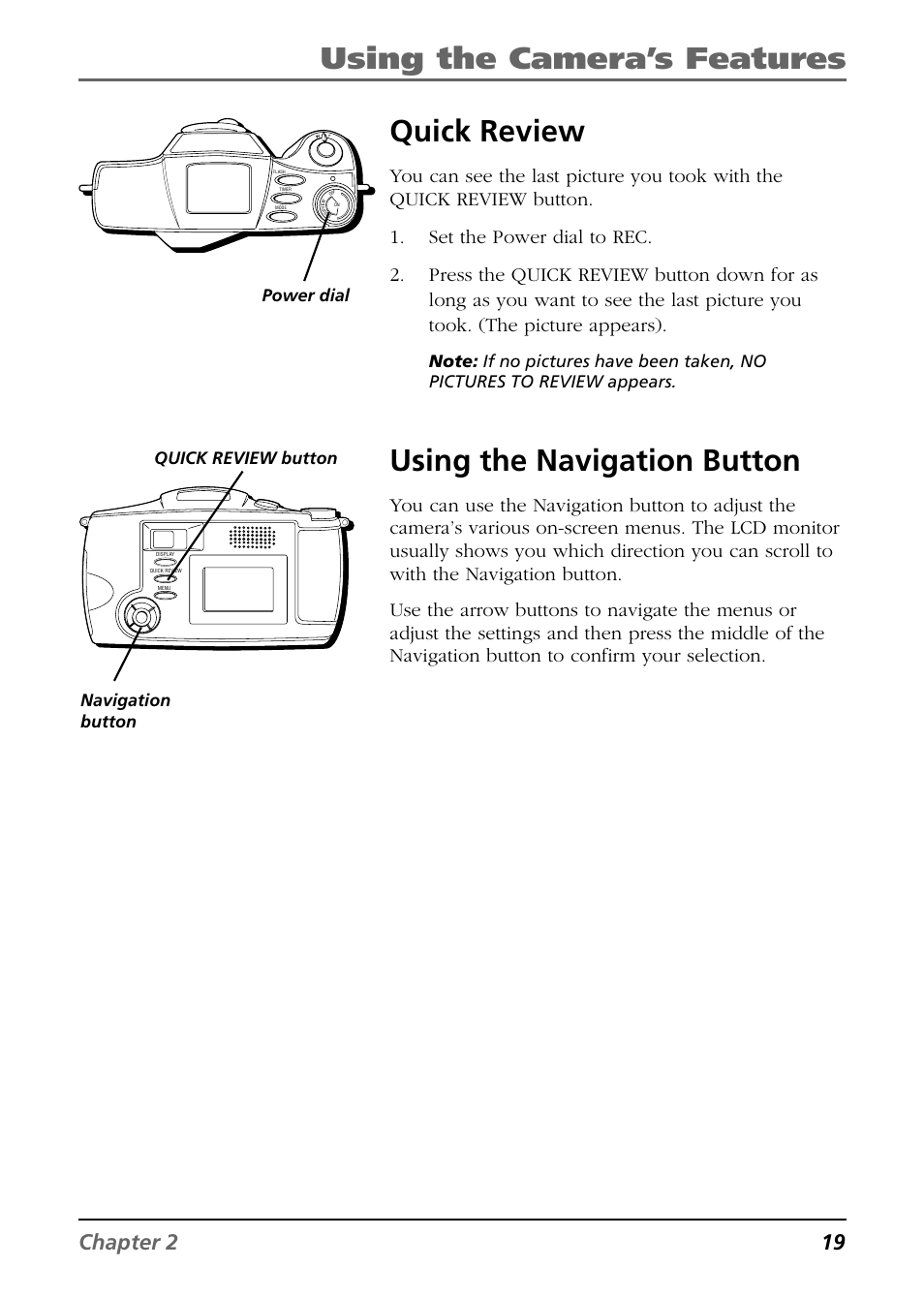 Using the camera’s features, Quick review, Using the navigation button | Chapter 2 19, Power dial, Navigation button quick review button | RCA CDS6300 User Manual | Page 21 / 60