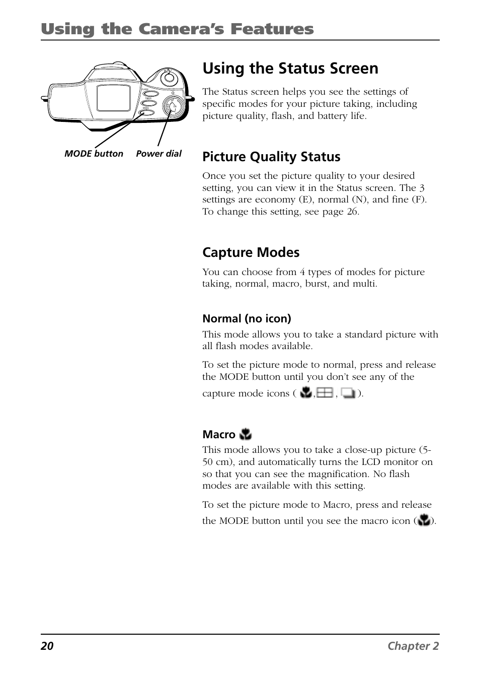 Using the camera’s features, Using the status screen, Picture quality status | Capture modes, 20 chapter 2, Normal (no icon), Macro | RCA CDS6300 User Manual | Page 22 / 60