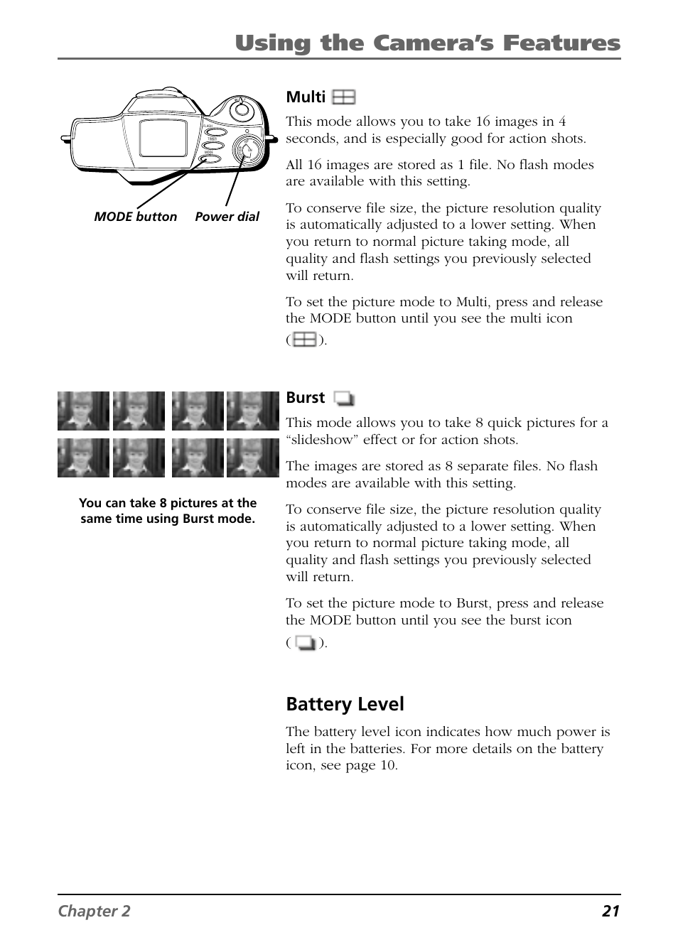 Using the camera’s features, Battery level, Chapter 2 21 multi | Burst | RCA CDS6300 User Manual | Page 23 / 60