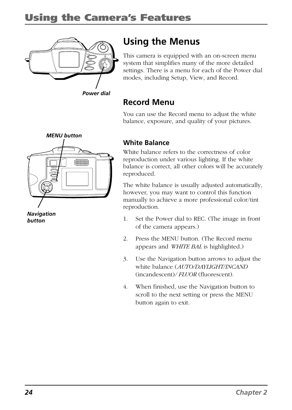 Using the camera’s features, Using the menus, Record menu | 24 chapter 2, White balance | RCA CDS6300 User Manual | Page 26 / 60