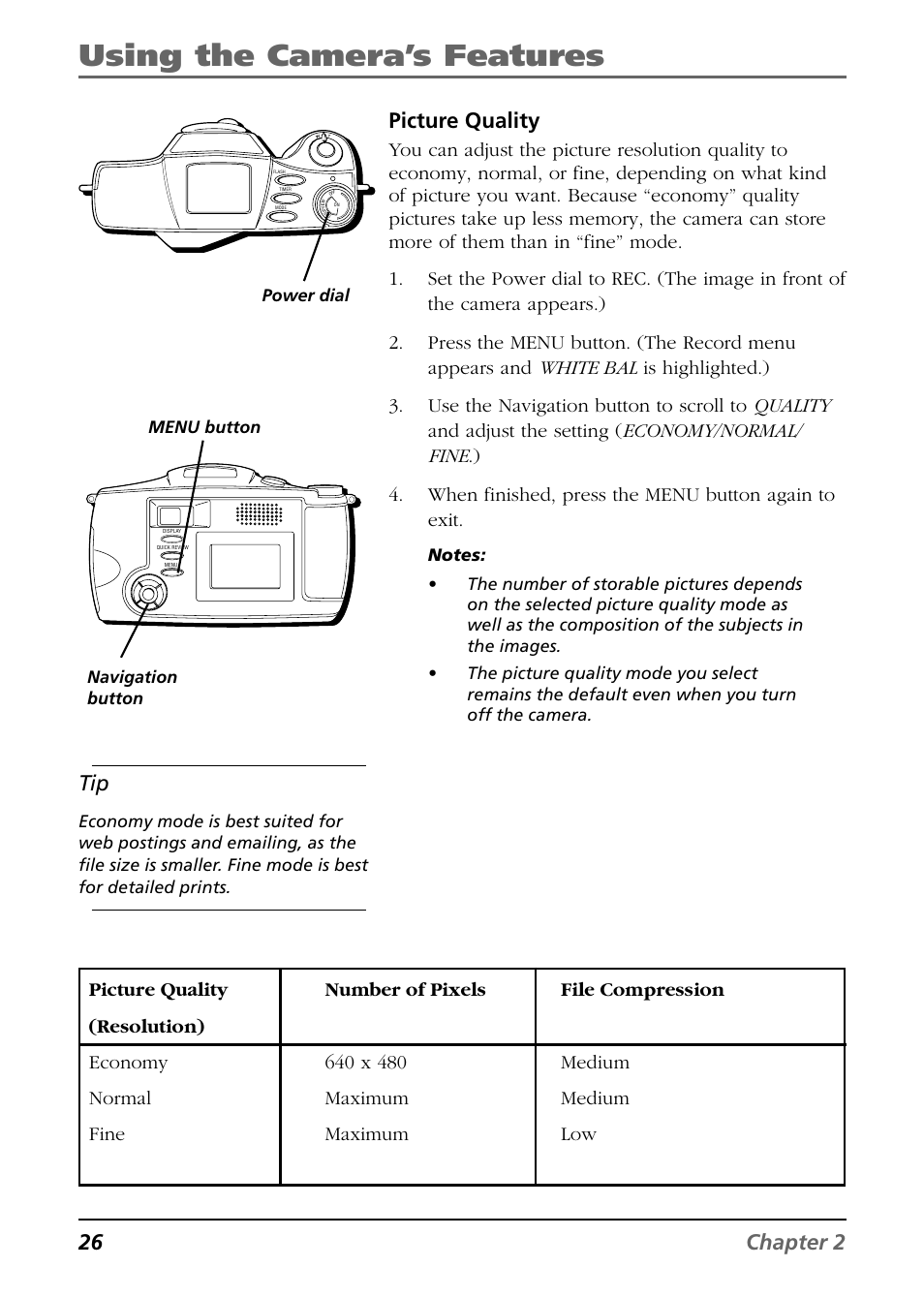 Using the camera’s features, 26 chapter 2, Picture quality | RCA CDS6300 User Manual | Page 28 / 60