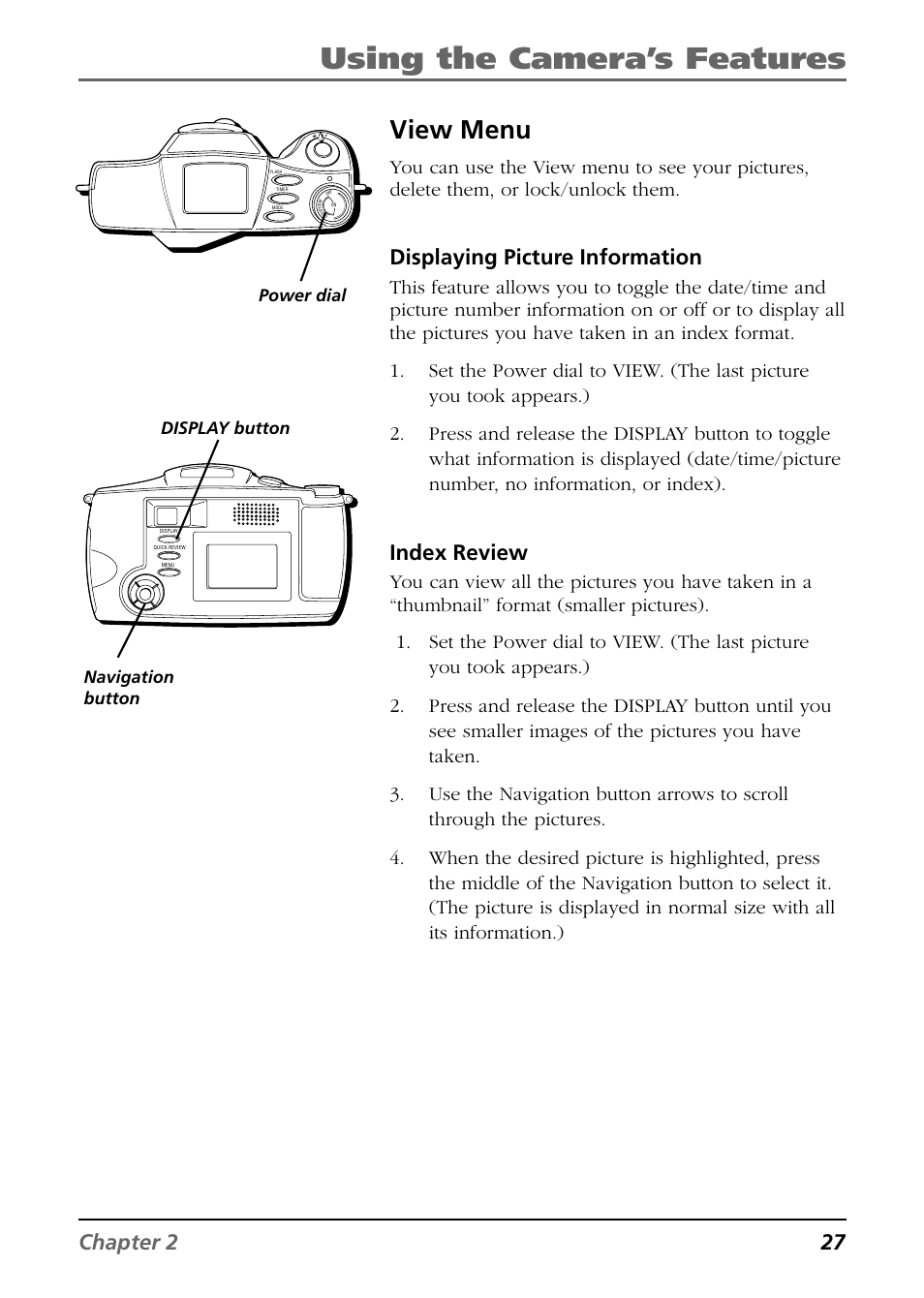 Using the camera’s features, View menu, Chapter 2 27 | Displaying picture information, Index review | RCA CDS6300 User Manual | Page 29 / 60