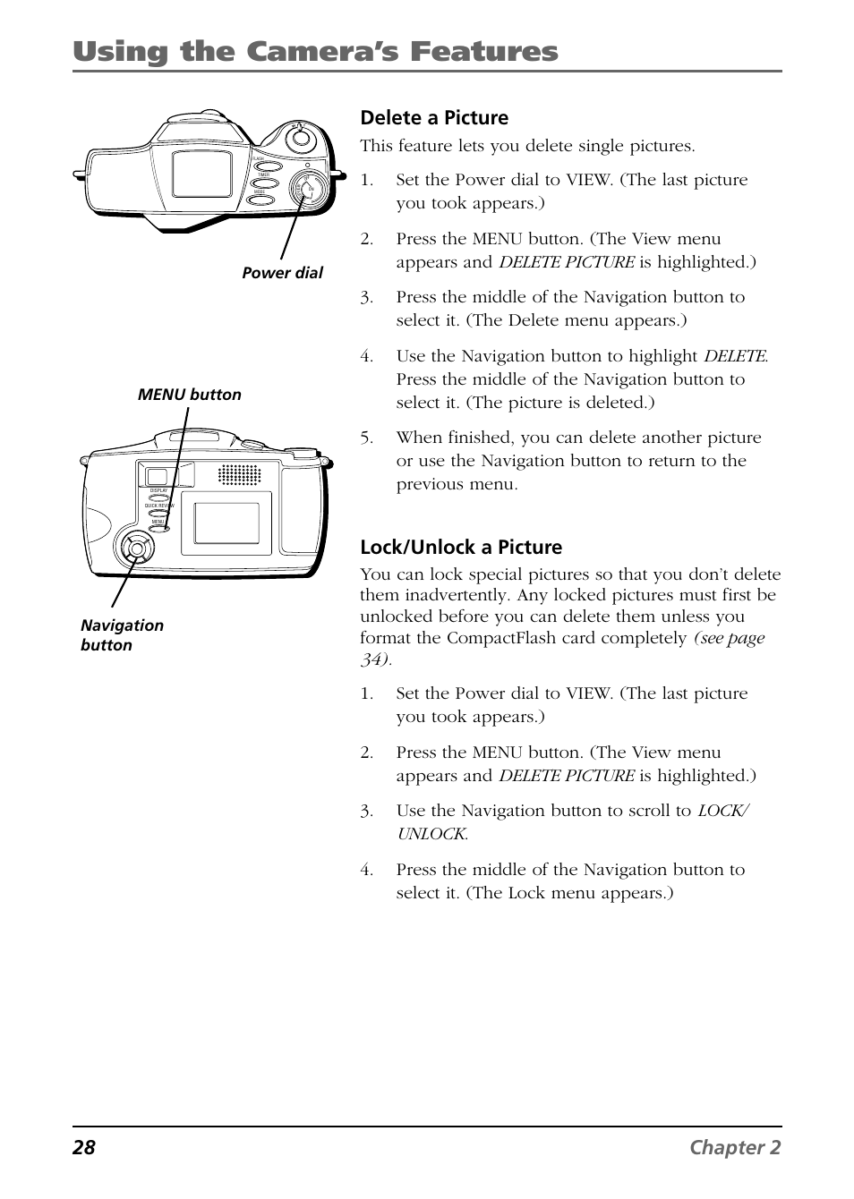 Using the camera’s features, 28 chapter 2, Delete a picture | Lock/unlock a picture | RCA CDS6300 User Manual | Page 30 / 60