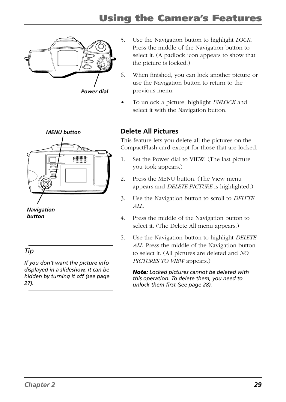 Using the camera’s features, Chapter 2 29, Delete all pictures | RCA CDS6300 User Manual | Page 31 / 60