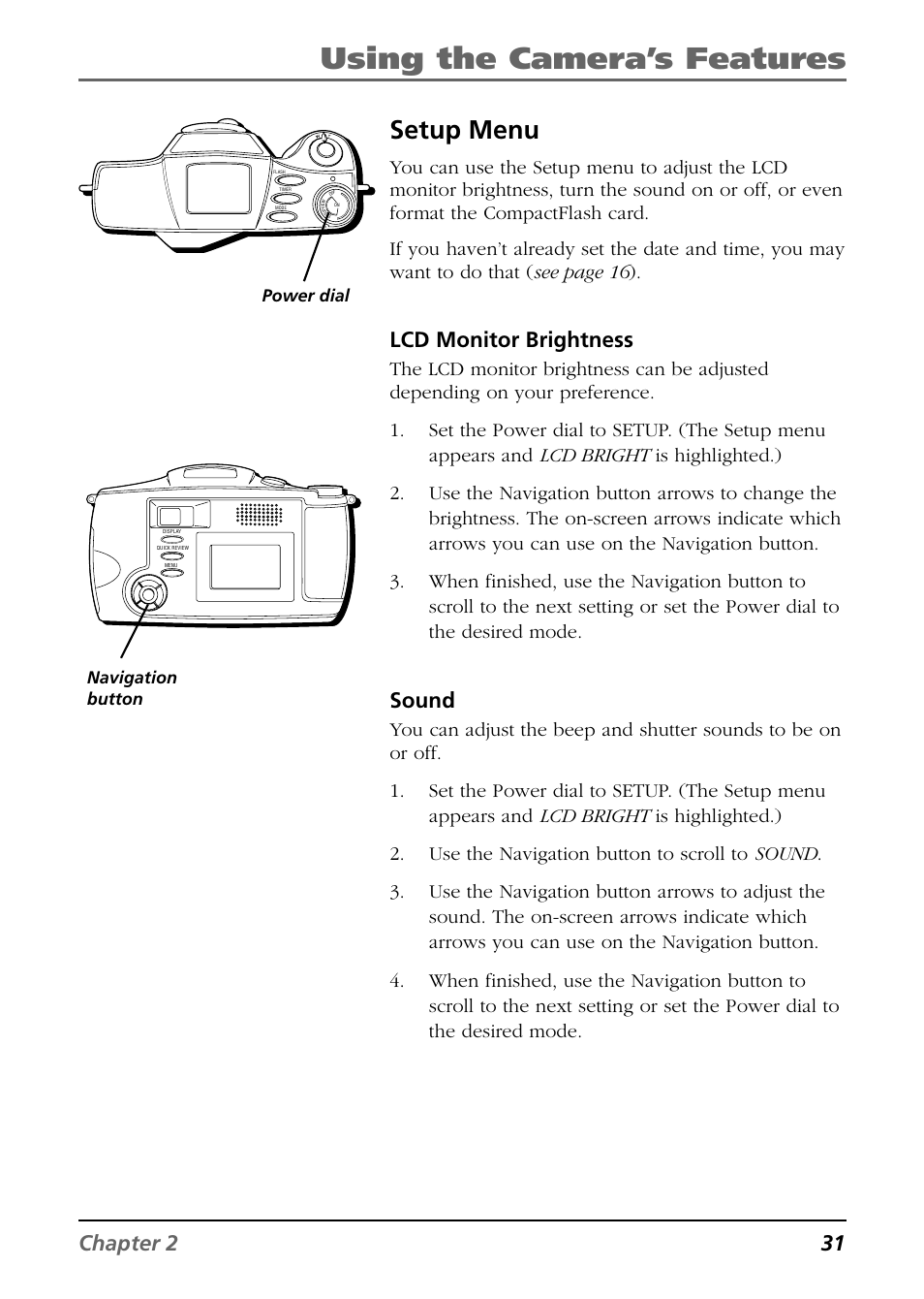 Using the camera’s features, Setup menu, Chapter 2 31 | Lcd monitor brightness, Sound | RCA CDS6300 User Manual | Page 33 / 60