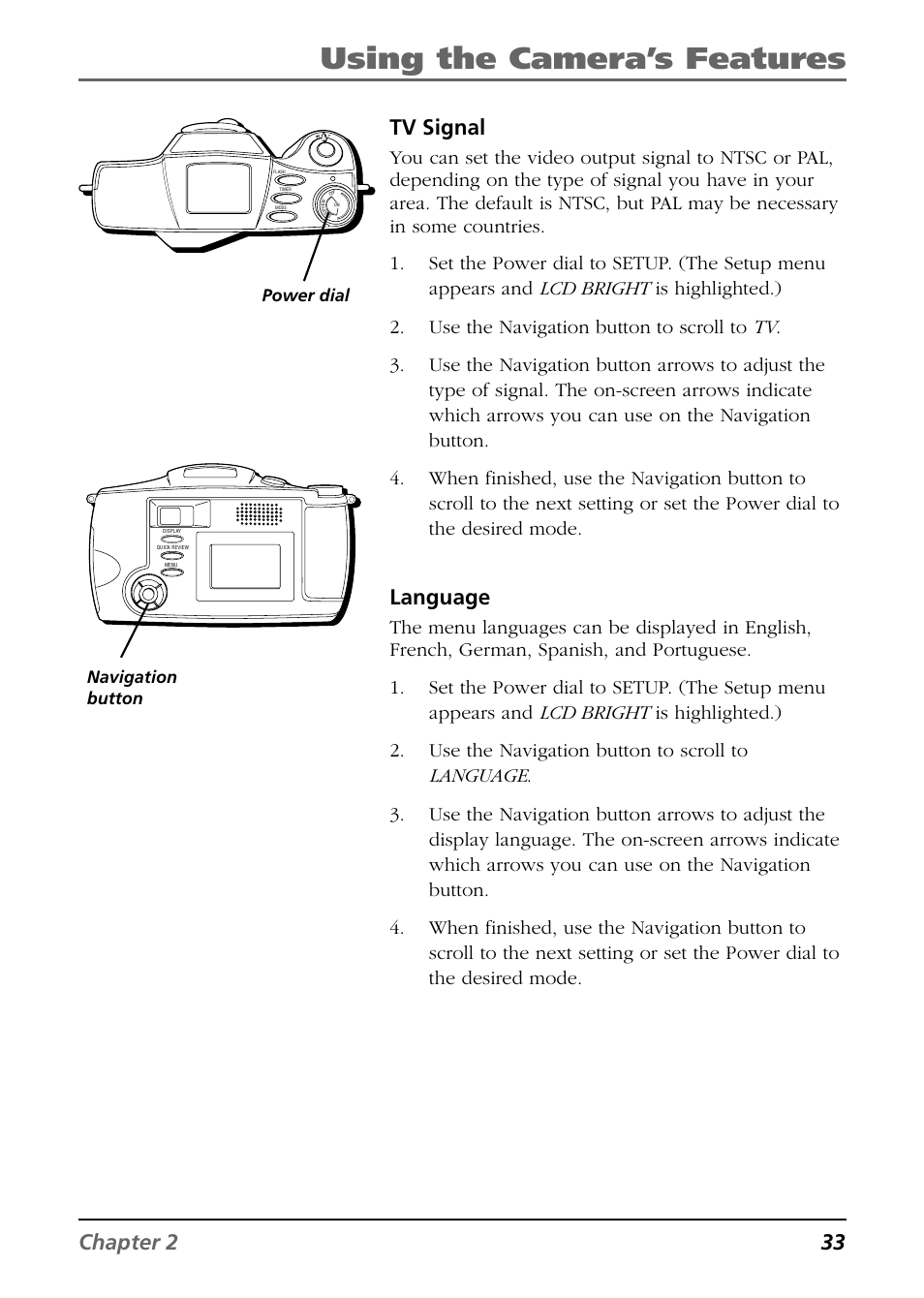 Using the camera’s features, Chapter 2 33, Tv signal | Language | RCA CDS6300 User Manual | Page 35 / 60