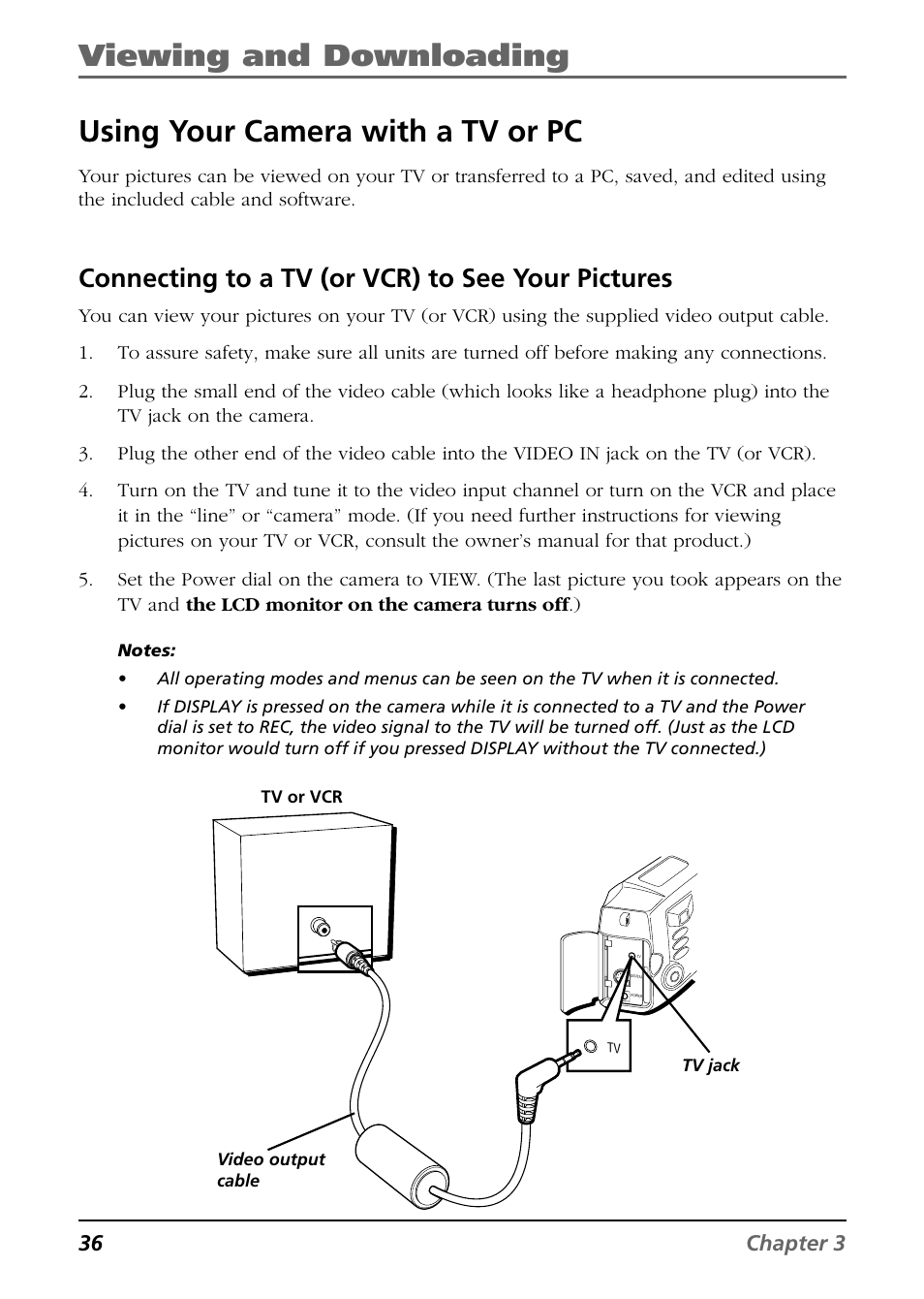 Viewing and downloading, Using your camera with a tv or pc, Connecting to a tv (or vcr) to see your pictures | RCA CDS6300 User Manual | Page 38 / 60