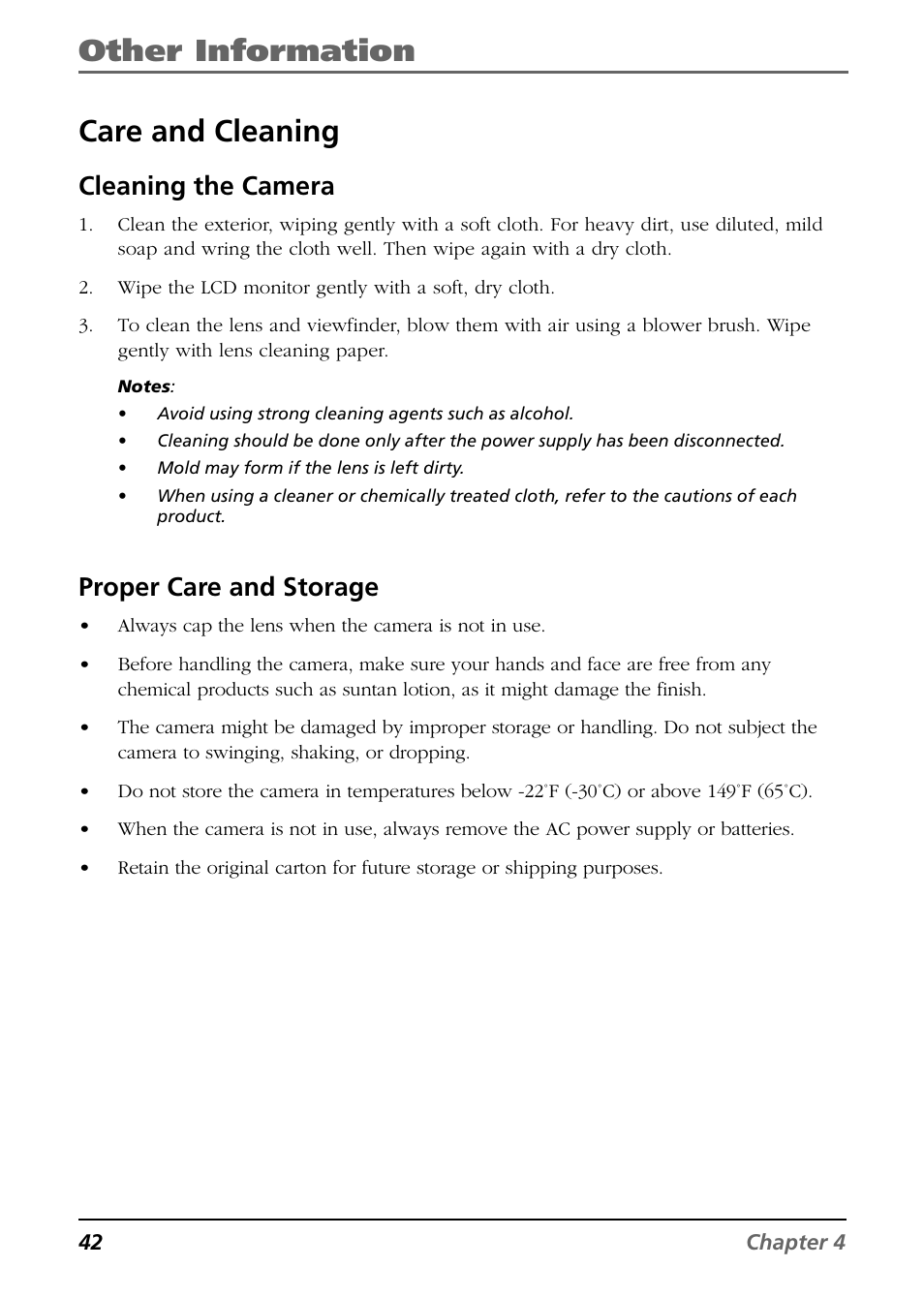 Other information, Care and cleaning care and maintenance, Cleaning the camera | Proper care and storage | RCA CDS6300 User Manual | Page 44 / 60