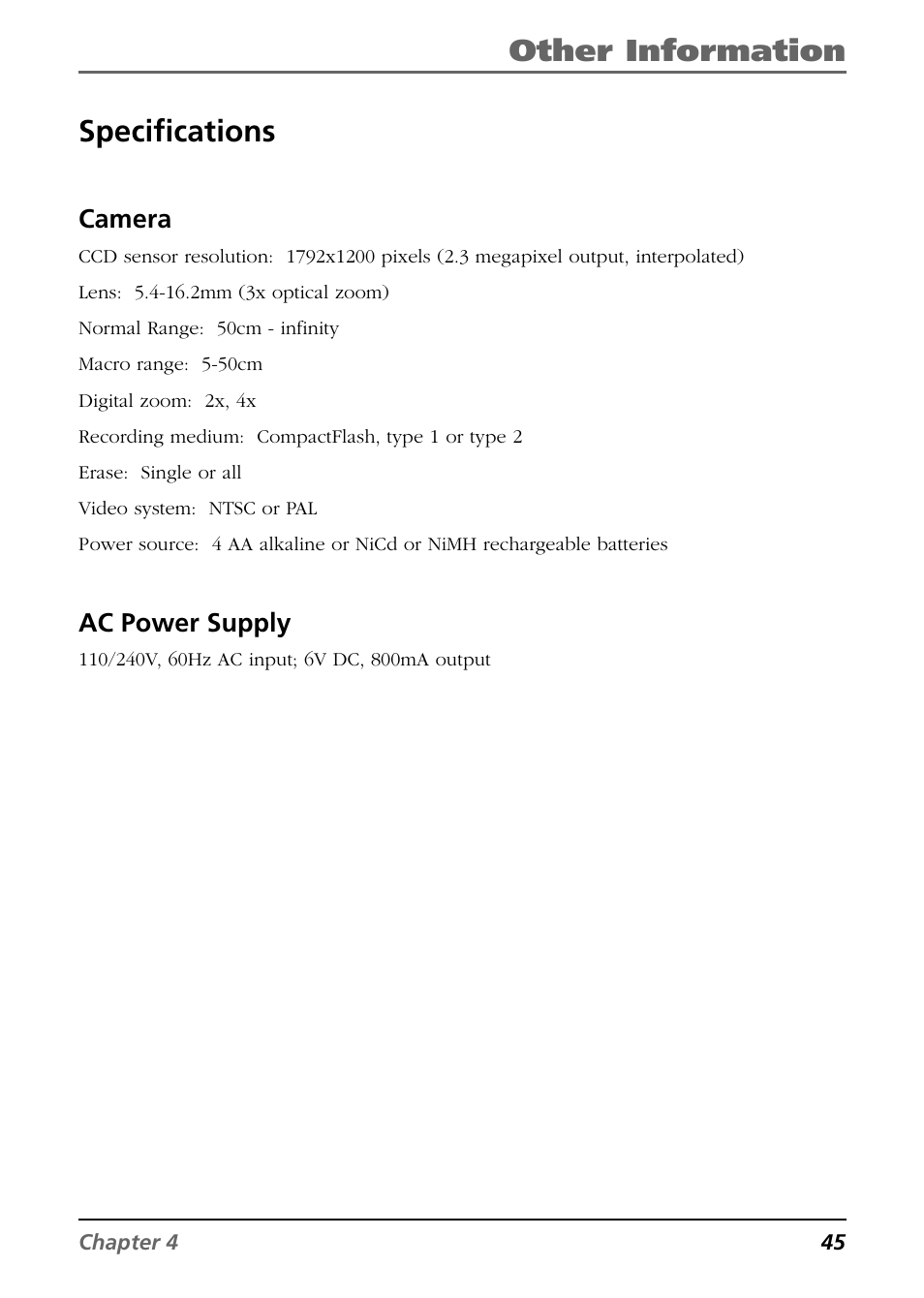 Other information, Specifications, Camera | Ac power supply | RCA CDS6300 User Manual | Page 47 / 60