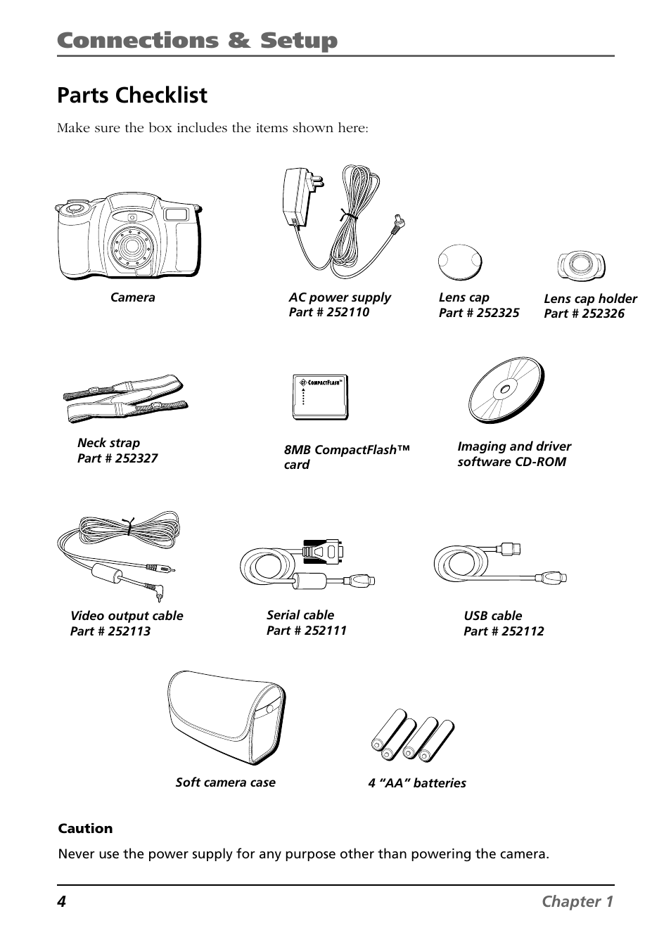 Connections & setup, Parts checklist, 4chapter 1 | Make sure the box includes the items shown here | RCA CDS6300 User Manual | Page 6 / 60