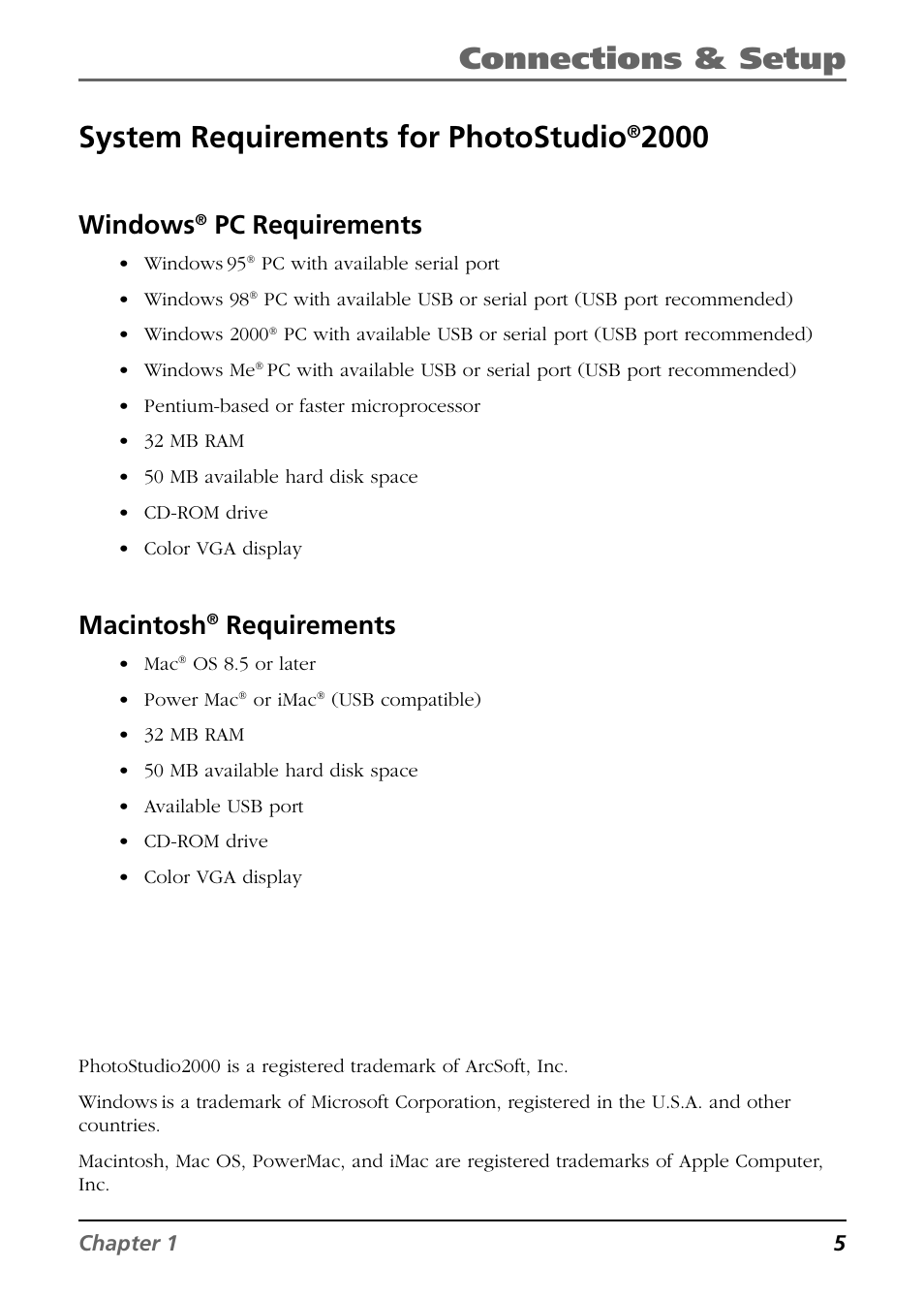 Connections & setup, System requirements for photostudio, Windows | Pc requirements, Macintosh, Requirements | RCA CDS6300 User Manual | Page 7 / 60