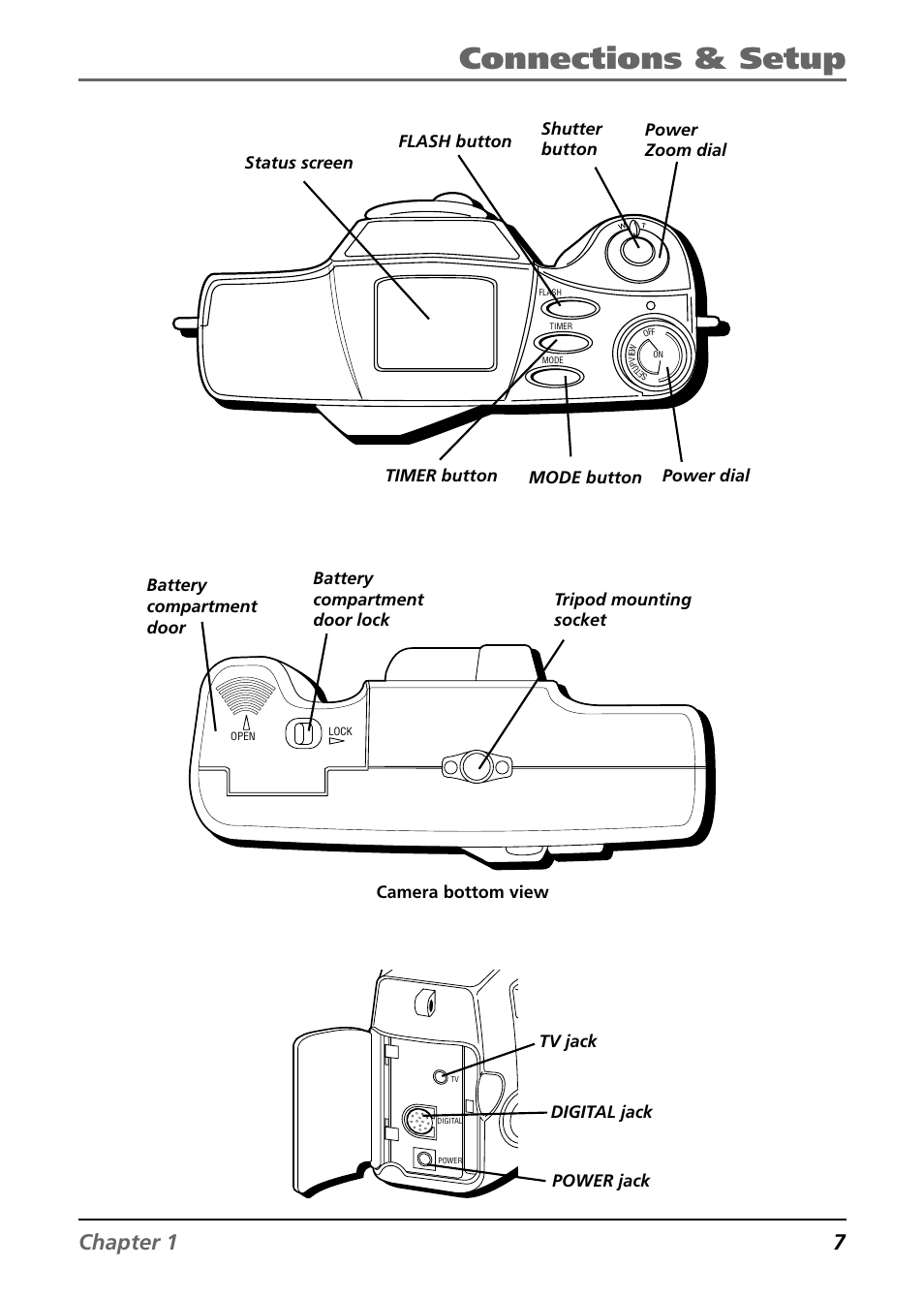 Connections & setup, Chapter 1 7, Tv jack digital jack power jack camera bottom view | RCA CDS6300 User Manual | Page 9 / 60