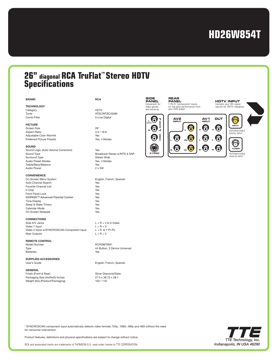 Rca truflat, Stereo hdtv specifications, Diagonal | RCA HD26W854T User Manual | Page 2 / 2