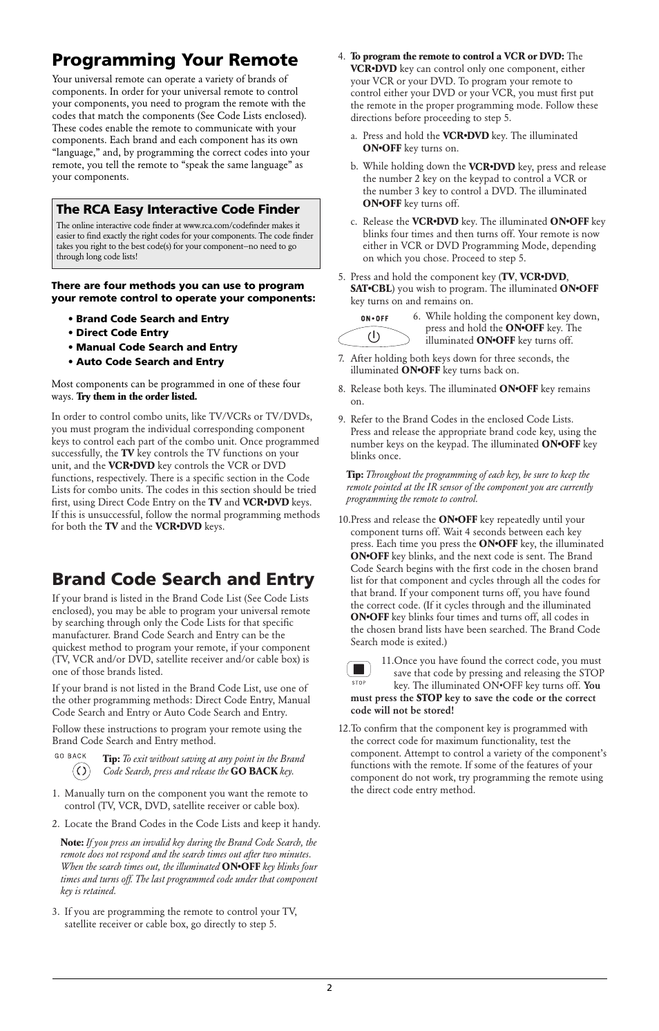 Programming your remote, Brand code search and entry, The rca easy interactive code finder | RCA RCR312W User Manual | Page 2 / 6