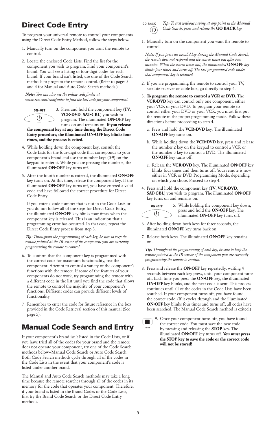 Direct code entry, Manual code search and entry | RCA RCR312W User Manual | Page 3 / 6