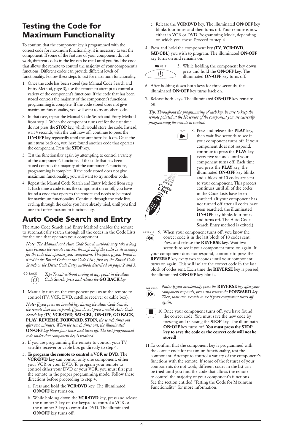 Testing the code for maximum functionality, Auto code search and entry | RCA RCR312W User Manual | Page 4 / 6