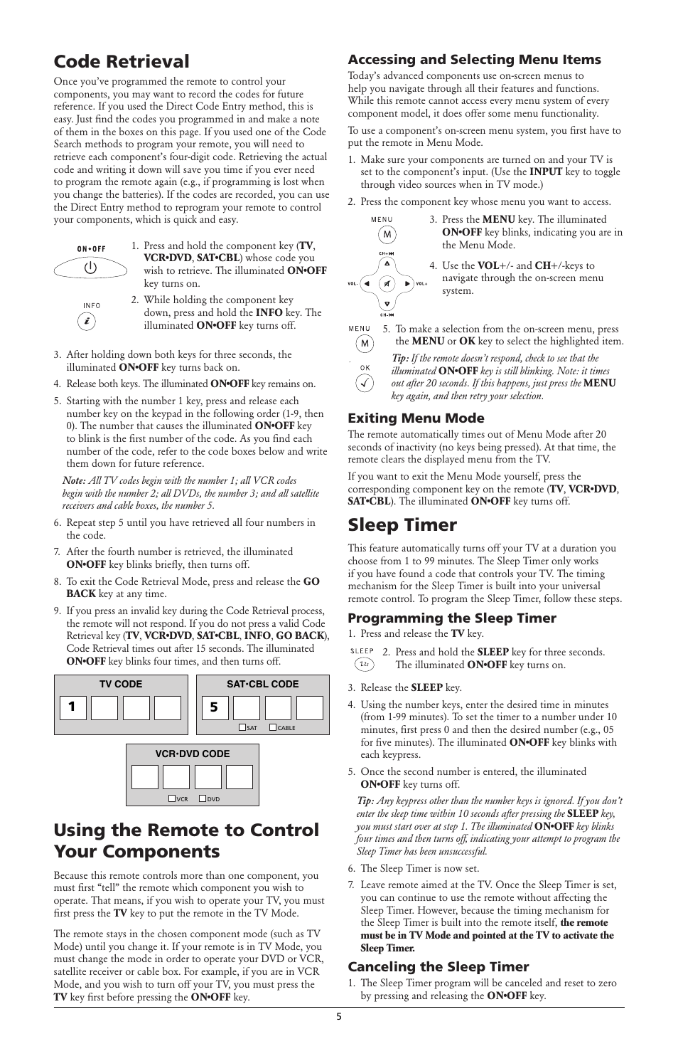 Code retrieval, Using the remote to control your components, Sleep timer | 5accessing and selecting menu items, Exiting menu mode, Programming the sleep timer, Canceling the sleep timer | RCA RCR312W User Manual | Page 5 / 6