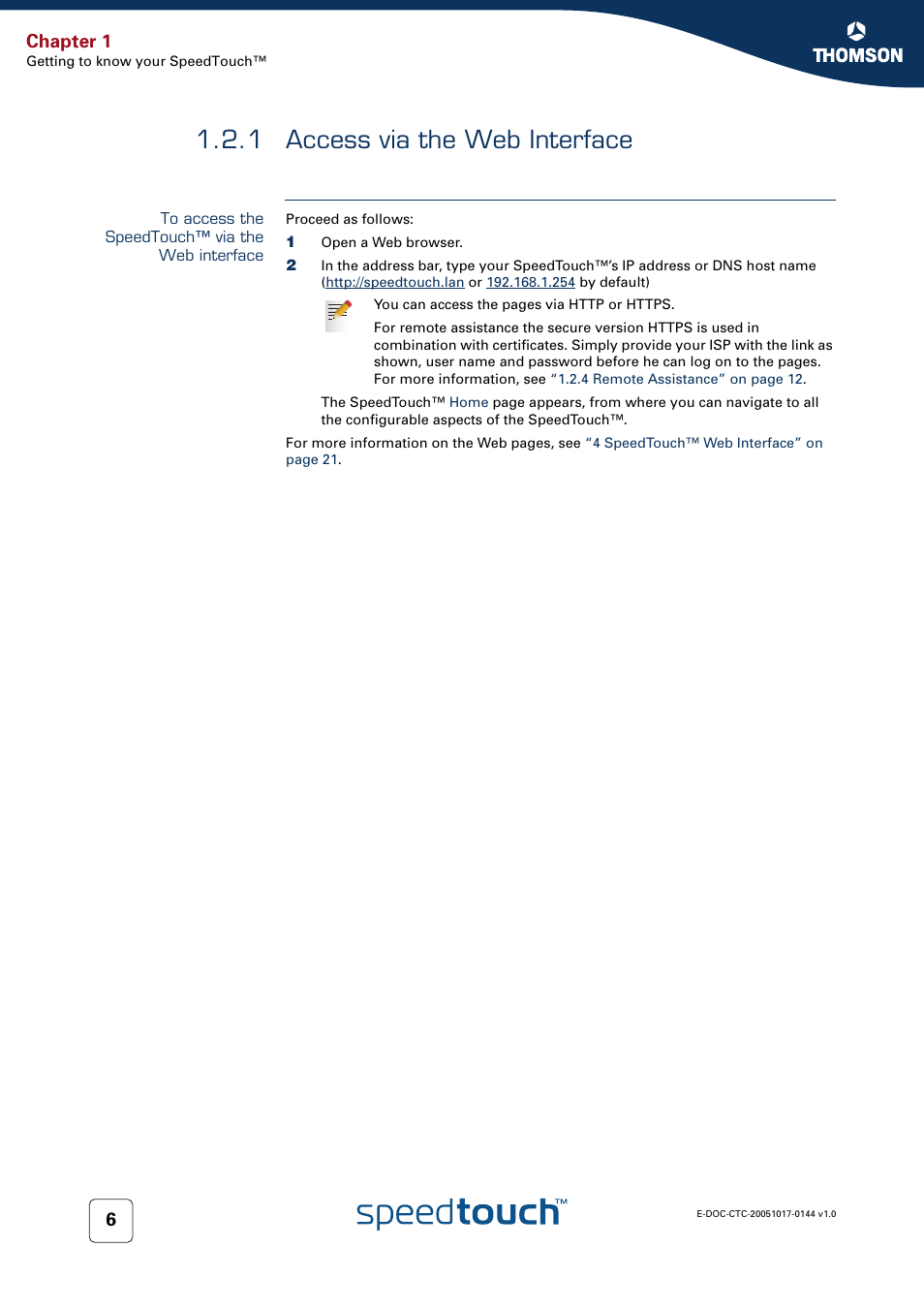 1 access via the web interface, To access the speedtouch™ via the web interface, Access via the web interface | 1 access via, Chapter 1 | RCA SpeedTouch 546 User Manual | Page 14 / 92