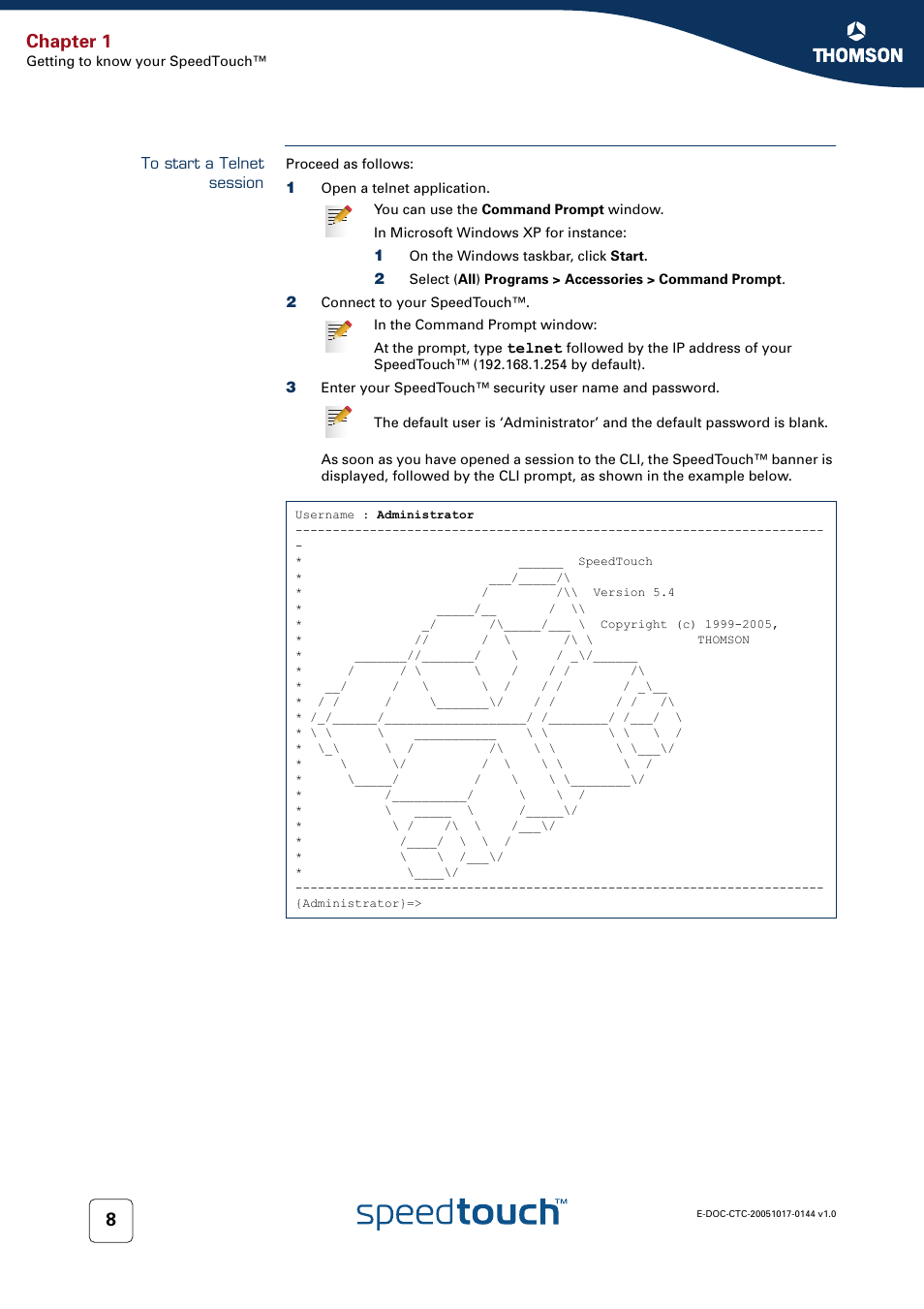 To start a telnet session, Chapter 1 | RCA SpeedTouch 546 User Manual | Page 16 / 92