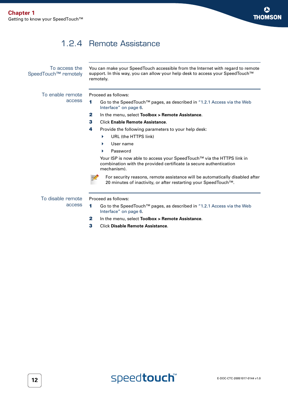 4 remote assistance, To access the speedtouch™ remotely, To enable remote access | To disable remote access, Remote assistance, 4 remote, Chapter 1 | RCA SpeedTouch 546 User Manual | Page 20 / 92