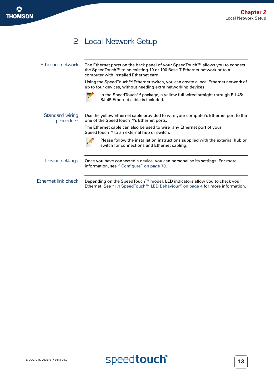 2 local network setup, Ethernet network, Standard wiring procedure | Device settings, Ethernet link check, Local network setup, Chapter 2 | RCA SpeedTouch 546 User Manual | Page 21 / 92