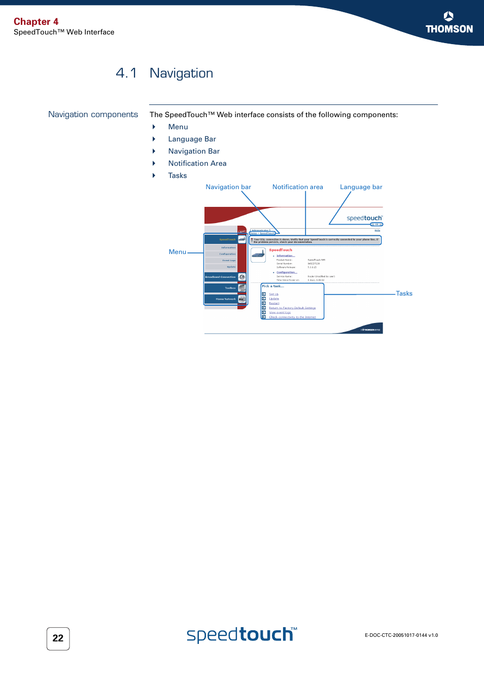 1 navigation, Navigation components, Navigation | Chapter 4 | RCA SpeedTouch 546 User Manual | Page 30 / 92