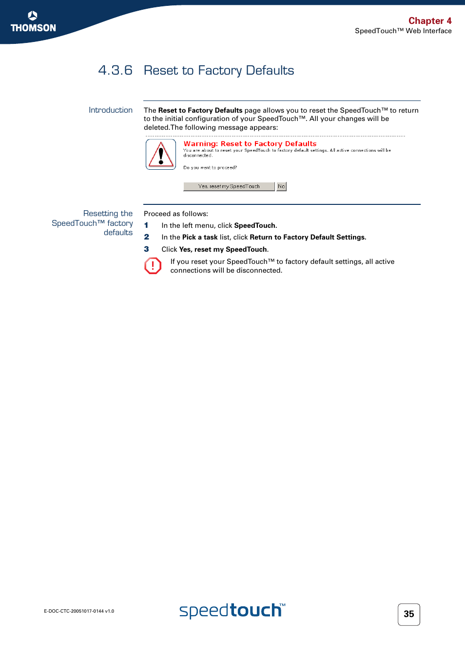 6 reset to factory defaults, Introduction, Resetting the speedtouch™ factory defaults | Reset to factory defaults | RCA SpeedTouch 546 User Manual | Page 43 / 92