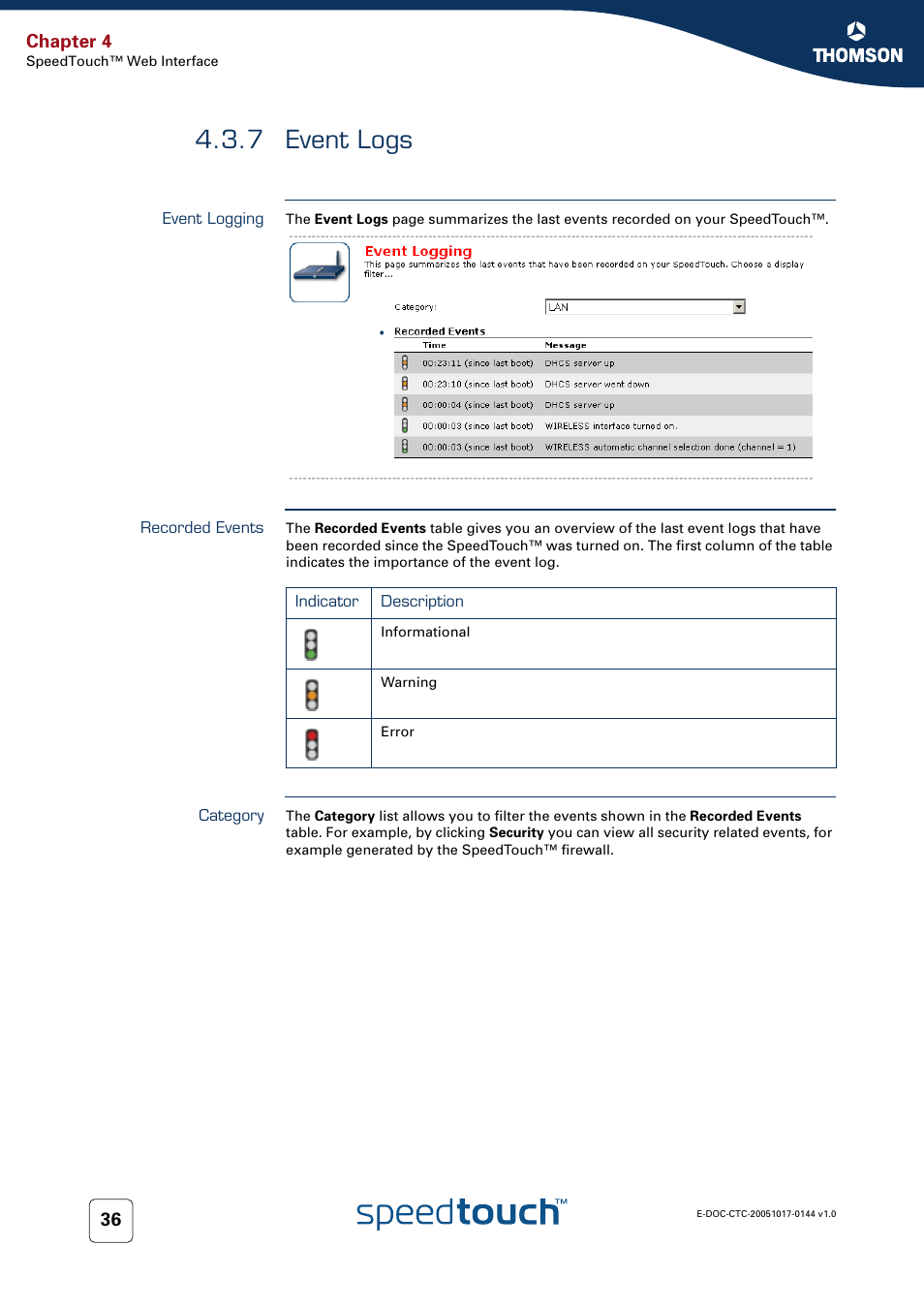 7 event logs, Event logging, Recorded events | Category, Event logs, Chapter 4 | RCA SpeedTouch 546 User Manual | Page 44 / 92