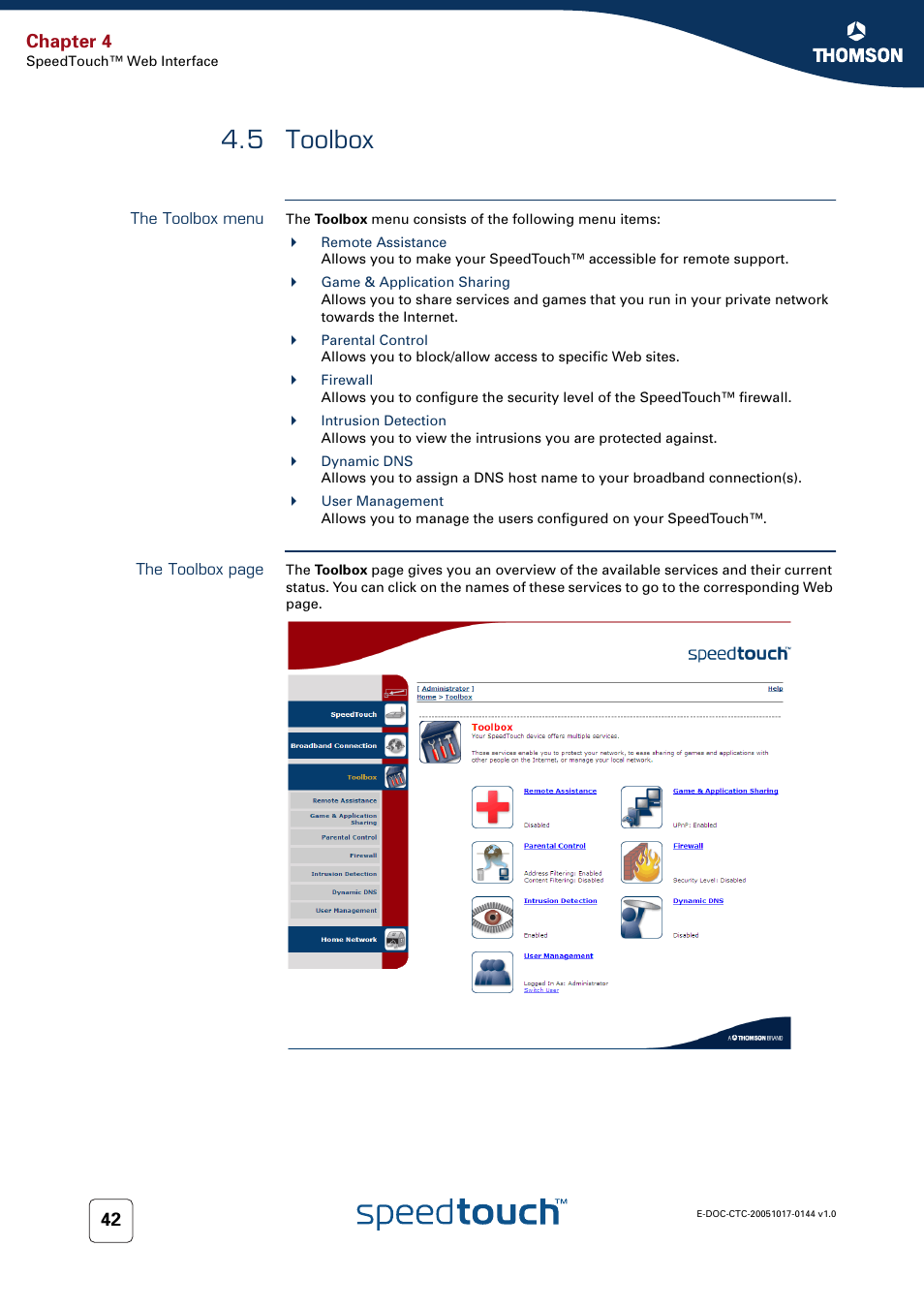 5 toolbox, The toolbox menu, Toolbox | Chapter 4 | RCA SpeedTouch 546 User Manual | Page 50 / 92