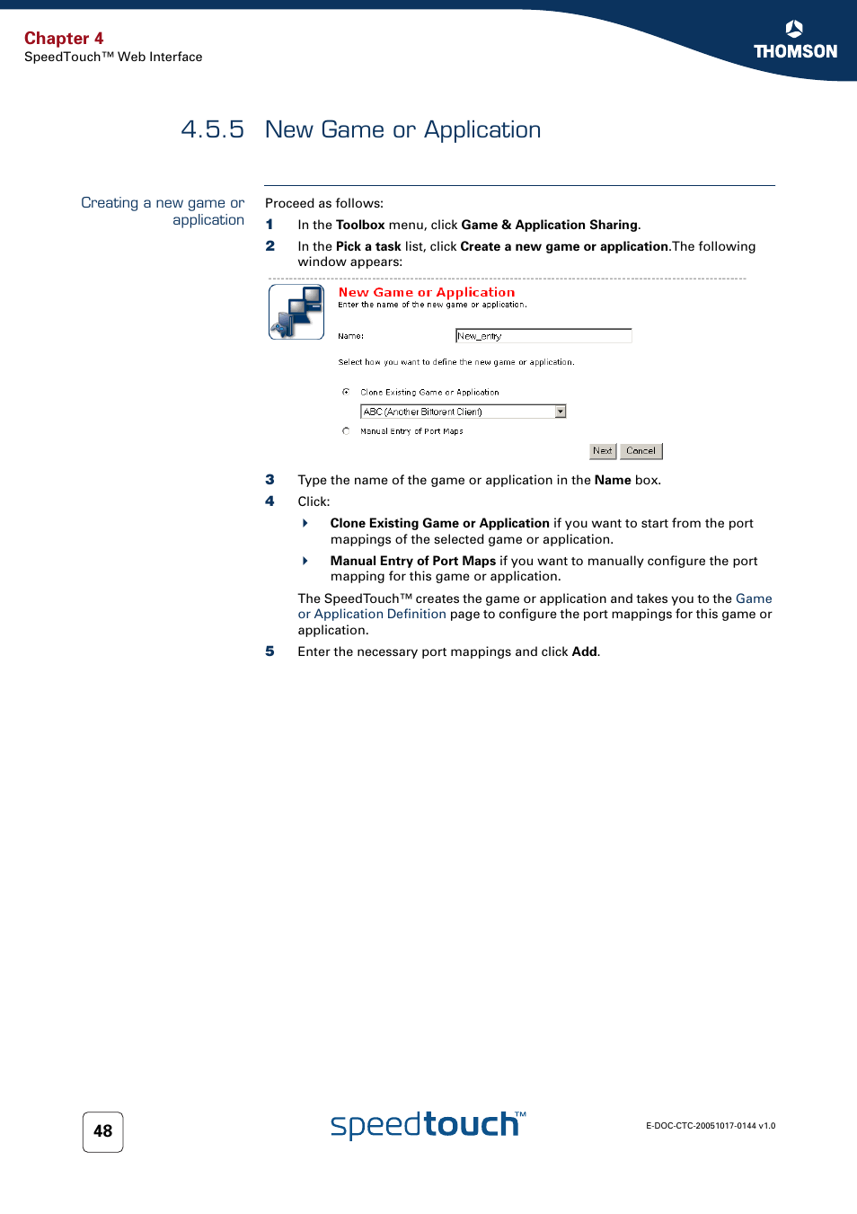 5 new game or application, Creating a new game or application, New game or application | Chapter 4 | RCA SpeedTouch 546 User Manual | Page 56 / 92