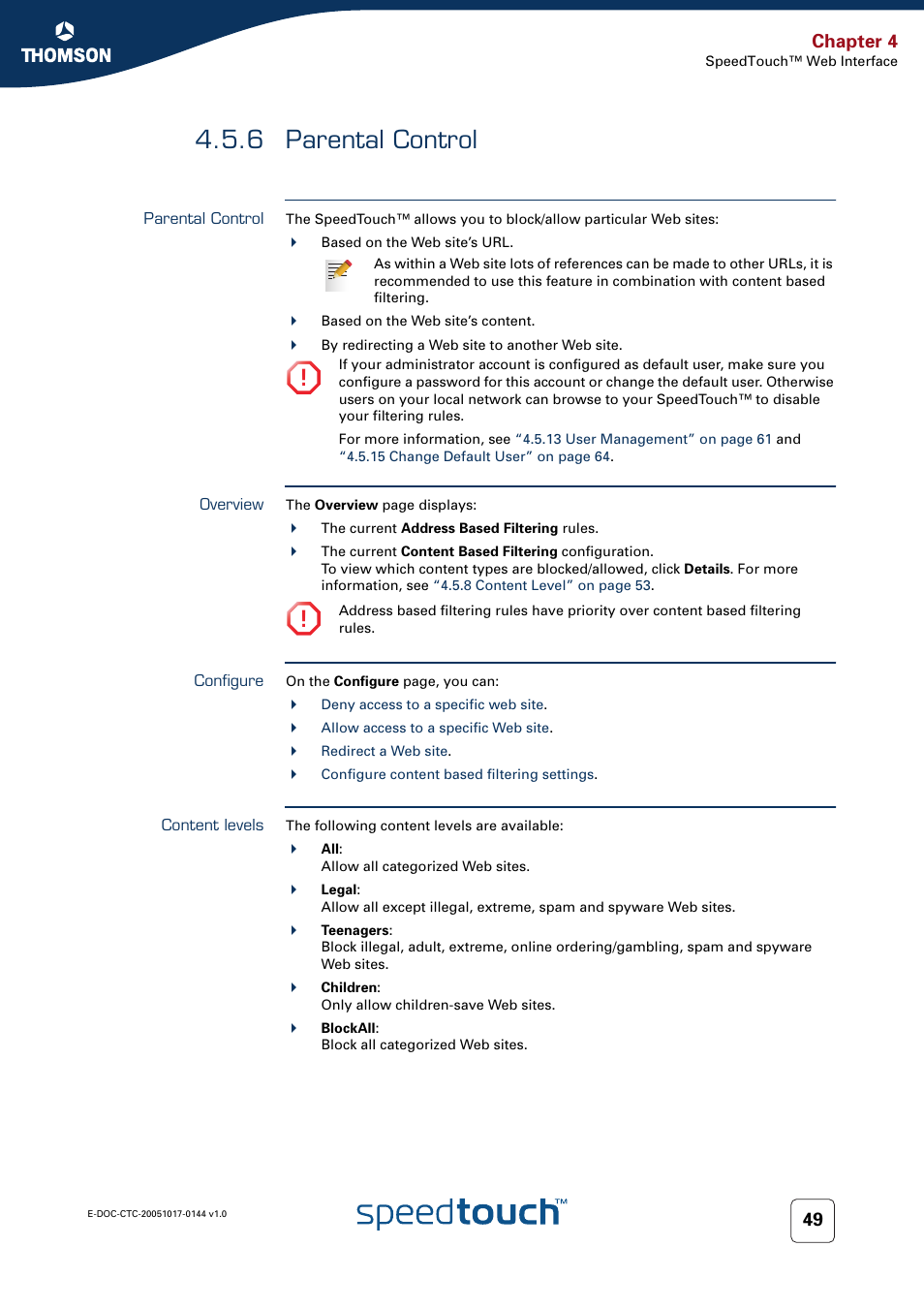 6 parental control, Parental control, Overview | Configure, Content levels, Chapter 4 | RCA SpeedTouch 546 User Manual | Page 57 / 92