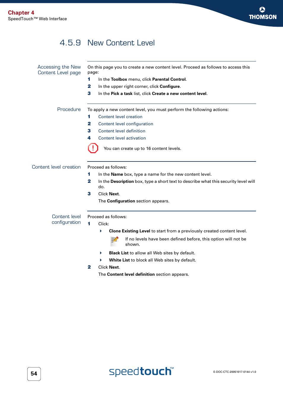 9 new content level, Procedure, Content level creation | Content level configuration, New content level, Chapter 4 | RCA SpeedTouch 546 User Manual | Page 62 / 92