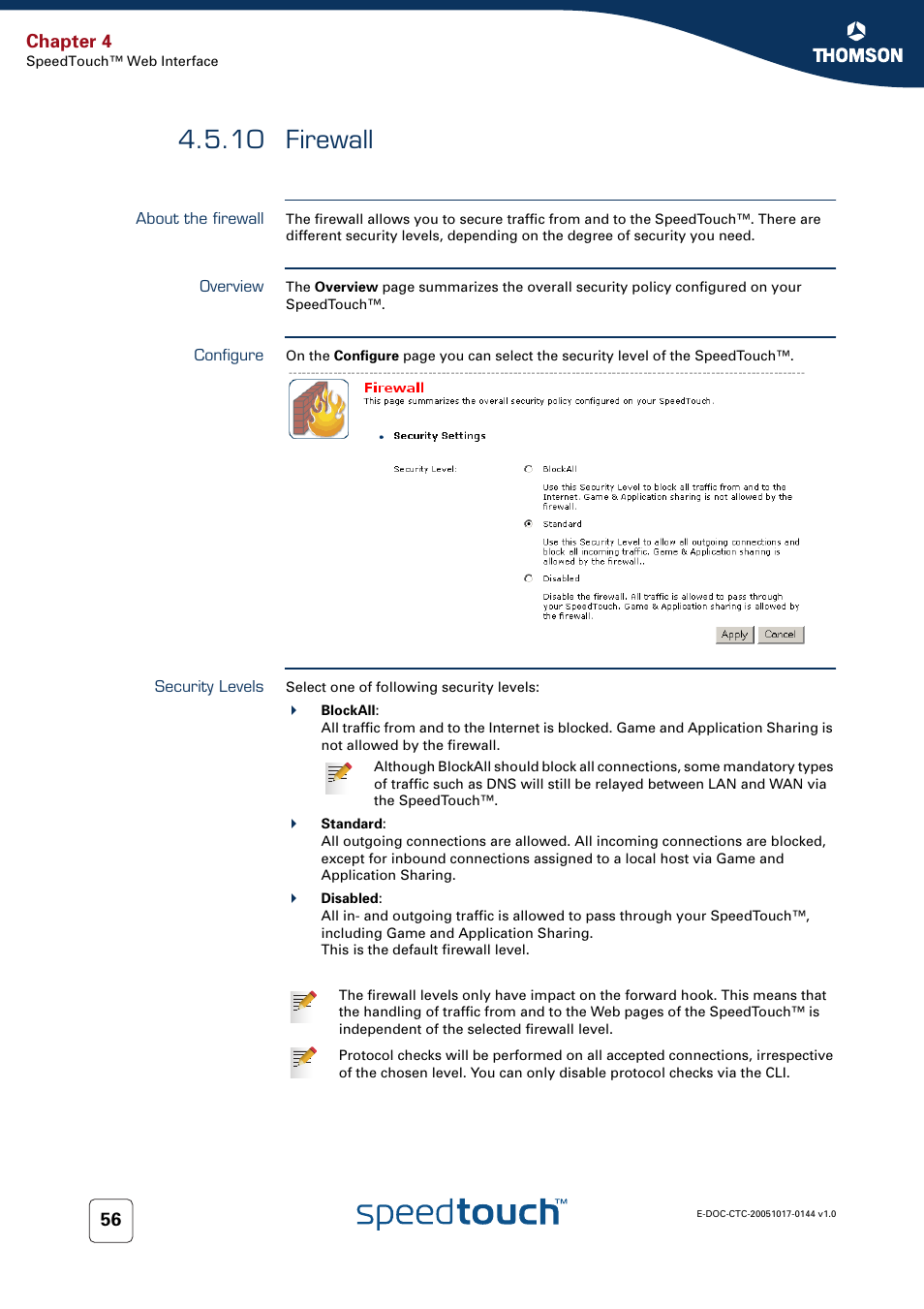 10 firewall, About the firewall, Overview | Configure, Security levels, Firewall, Chapter 4 | RCA SpeedTouch 546 User Manual | Page 64 / 92