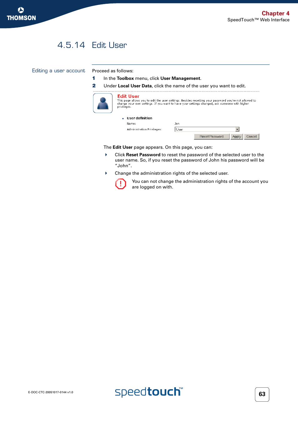 14 edit user, Editing a user account, Edit user | RCA SpeedTouch 546 User Manual | Page 71 / 92