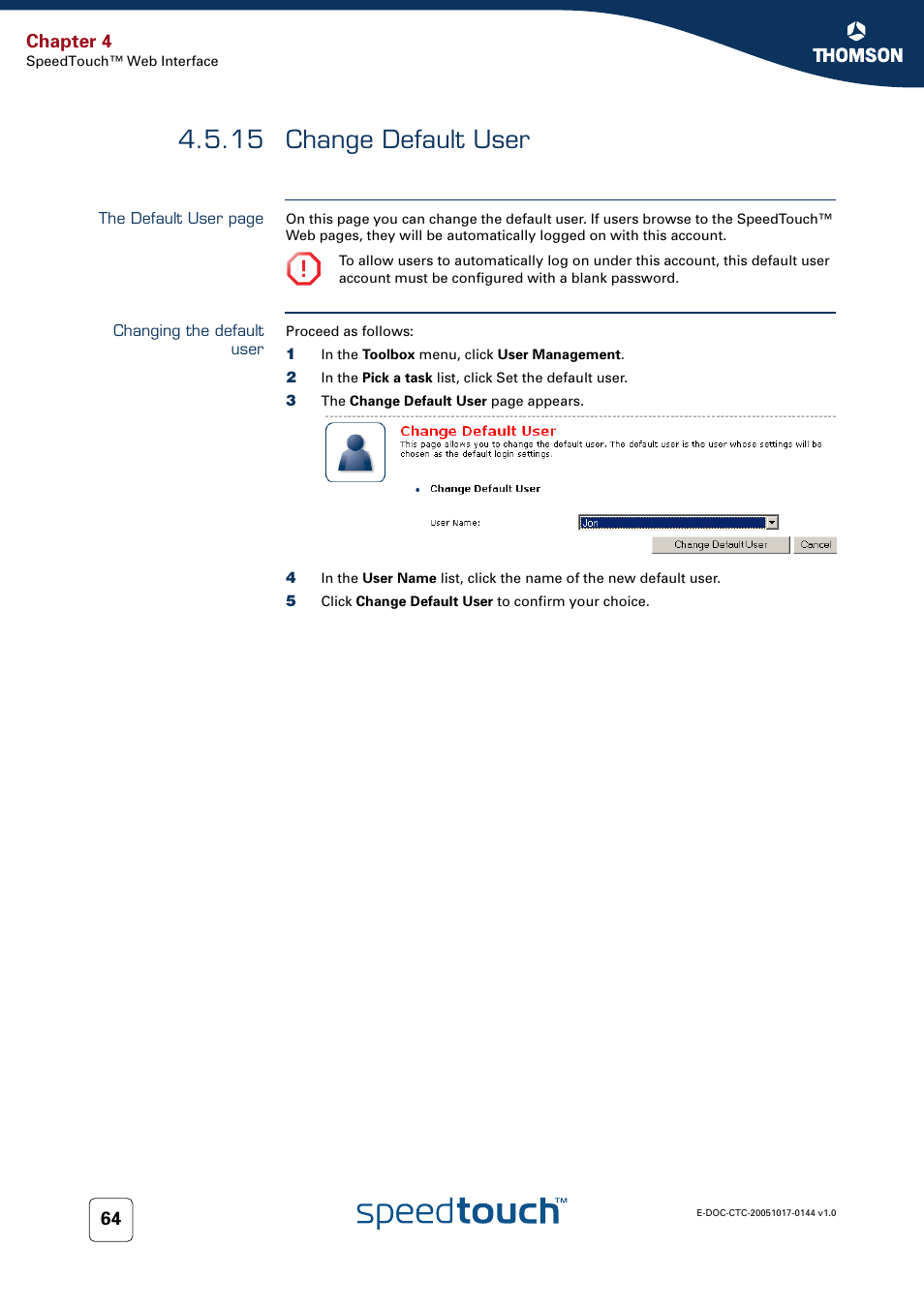 15 change default user, Changing the default user, Change default user | Chapter 4 | RCA SpeedTouch 546 User Manual | Page 72 / 92