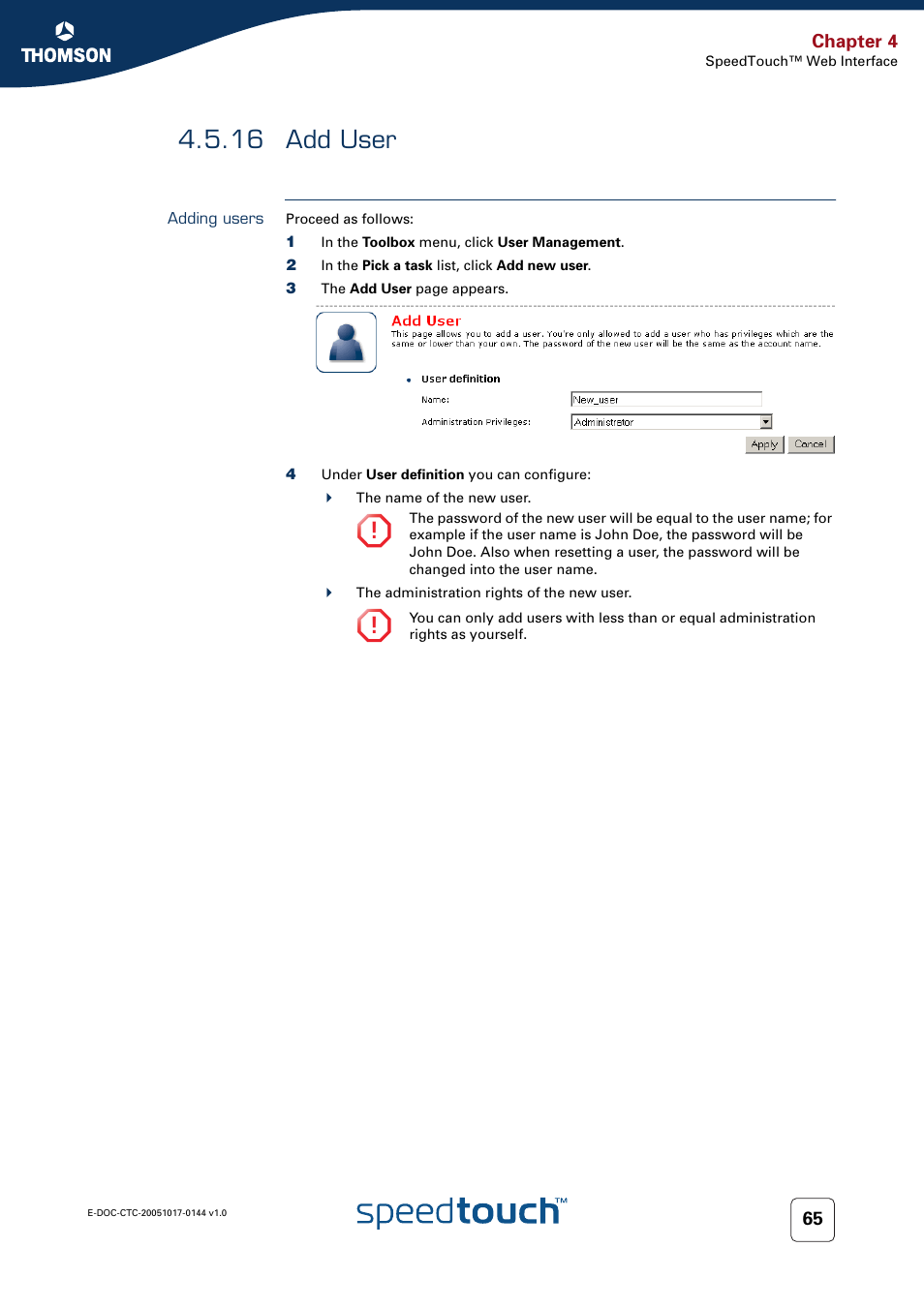 16 add user, Adding users, Add user | RCA SpeedTouch 546 User Manual | Page 73 / 92