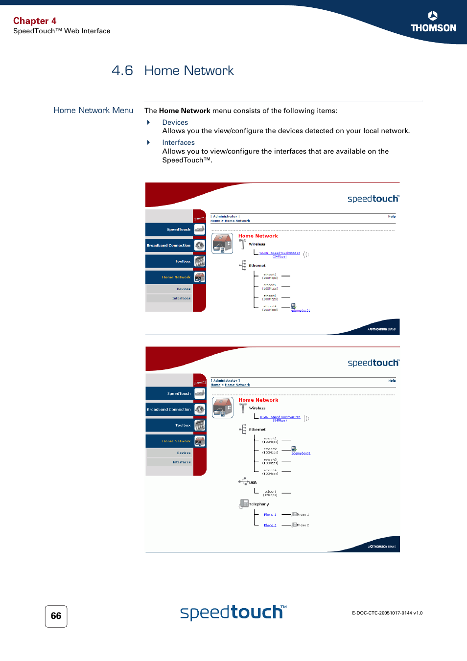 6 home network, Home network menu, Home network | Chapter 4 | RCA SpeedTouch 546 User Manual | Page 74 / 92