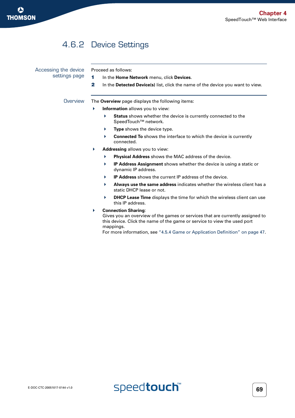 2 device settings, Overview, Device settings | Chapter 4 | RCA SpeedTouch 546 User Manual | Page 77 / 92